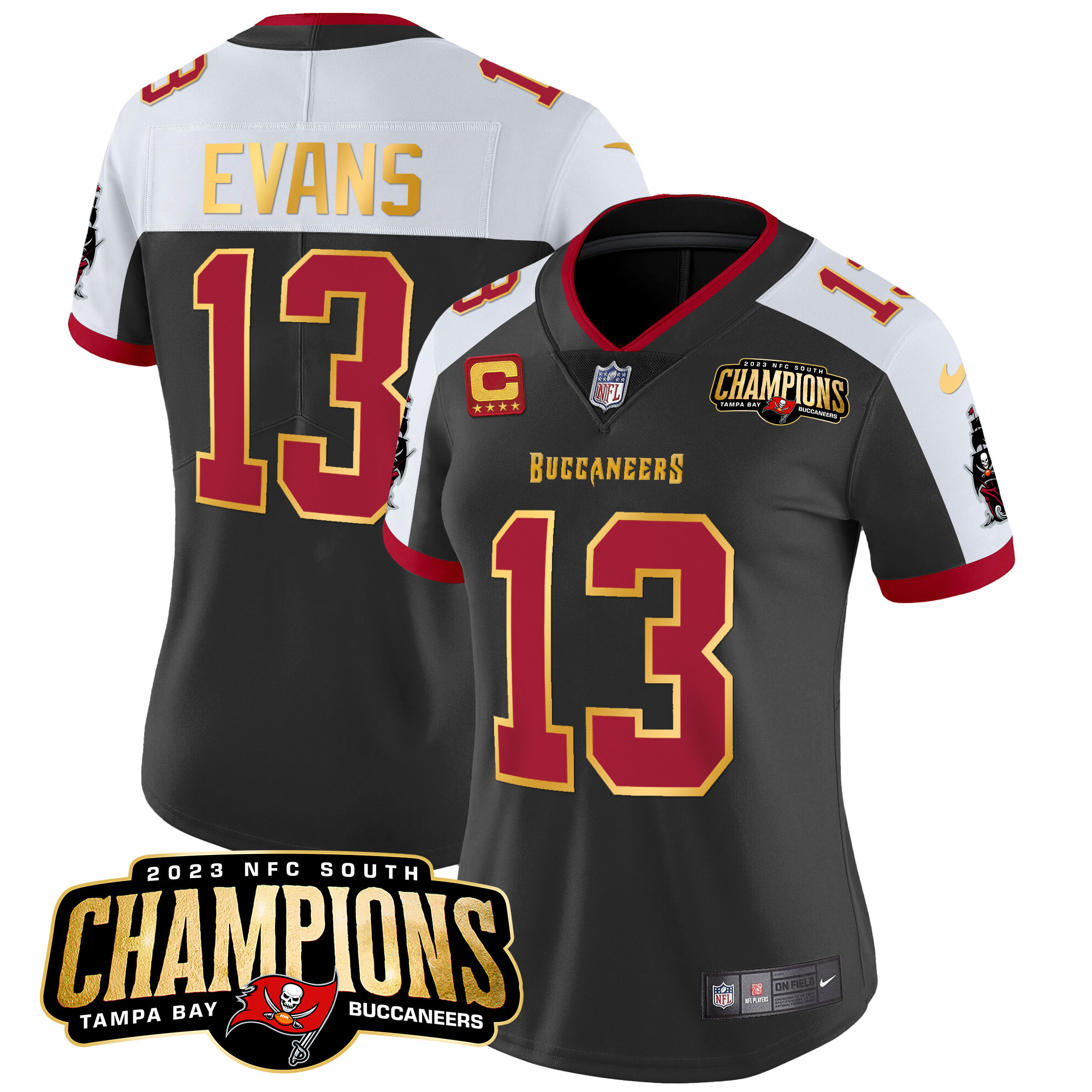 Mike Evans Women's Tampa Bay Buccaneers 2023 NFC South Champions Patch Gold Trim Vapor Black Alternate Jersey - All Stitched 