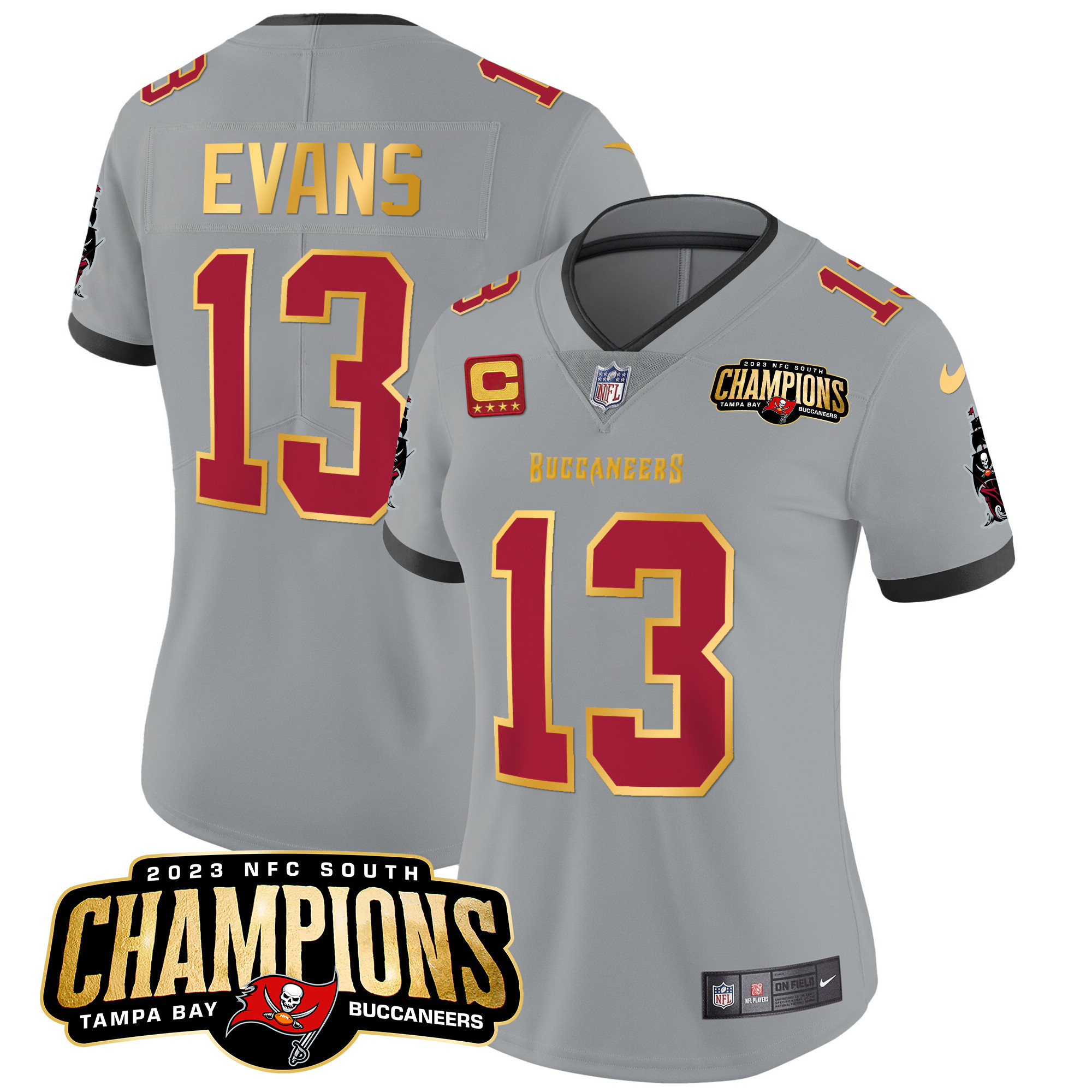 Mike Evans Women's Tampa Bay Buccaneers 2023 NFC South Champions Patch Gold Trim Vapor Gray Jersey - All Stitched 