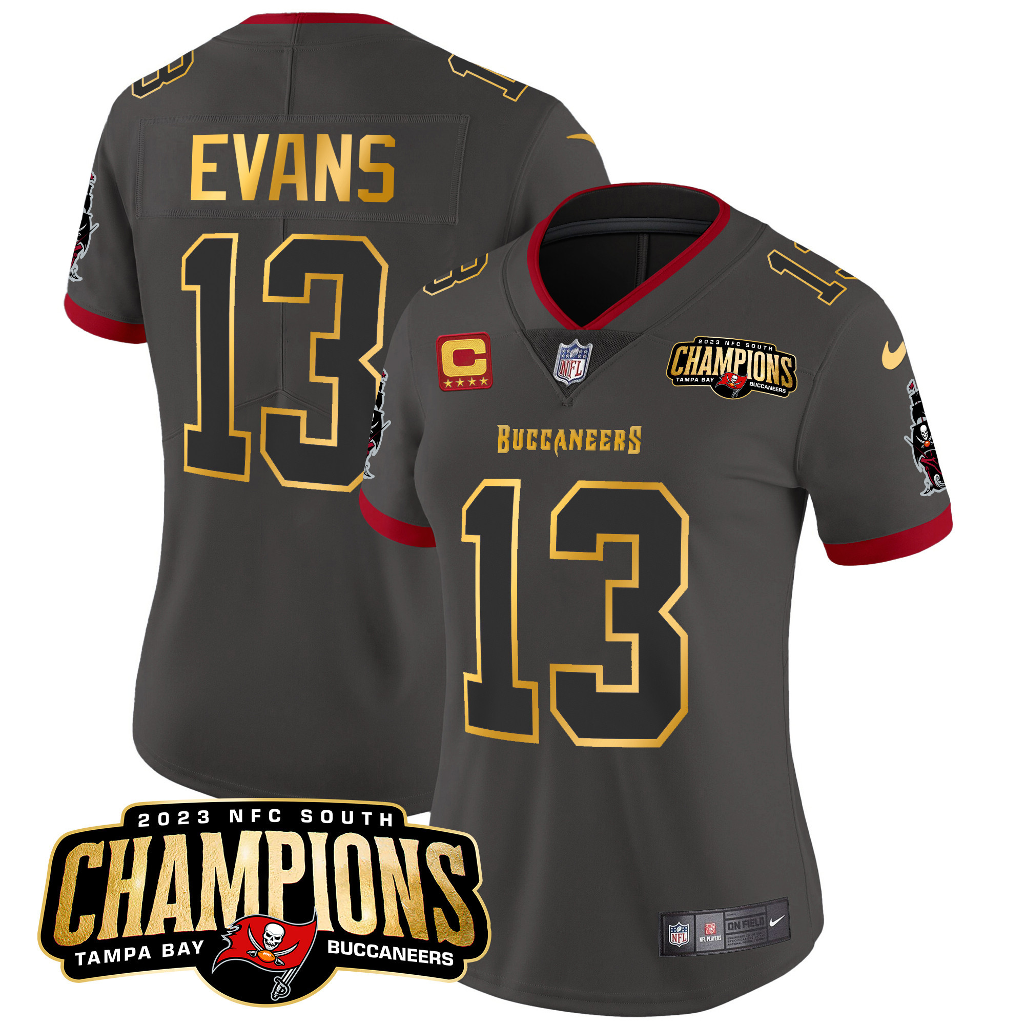 Mike Evans Women's Tampa Bay Buccaneers 2023 NFC South Champions Patch Gold Trim Vapor Pewter Jersey - All Stitched 