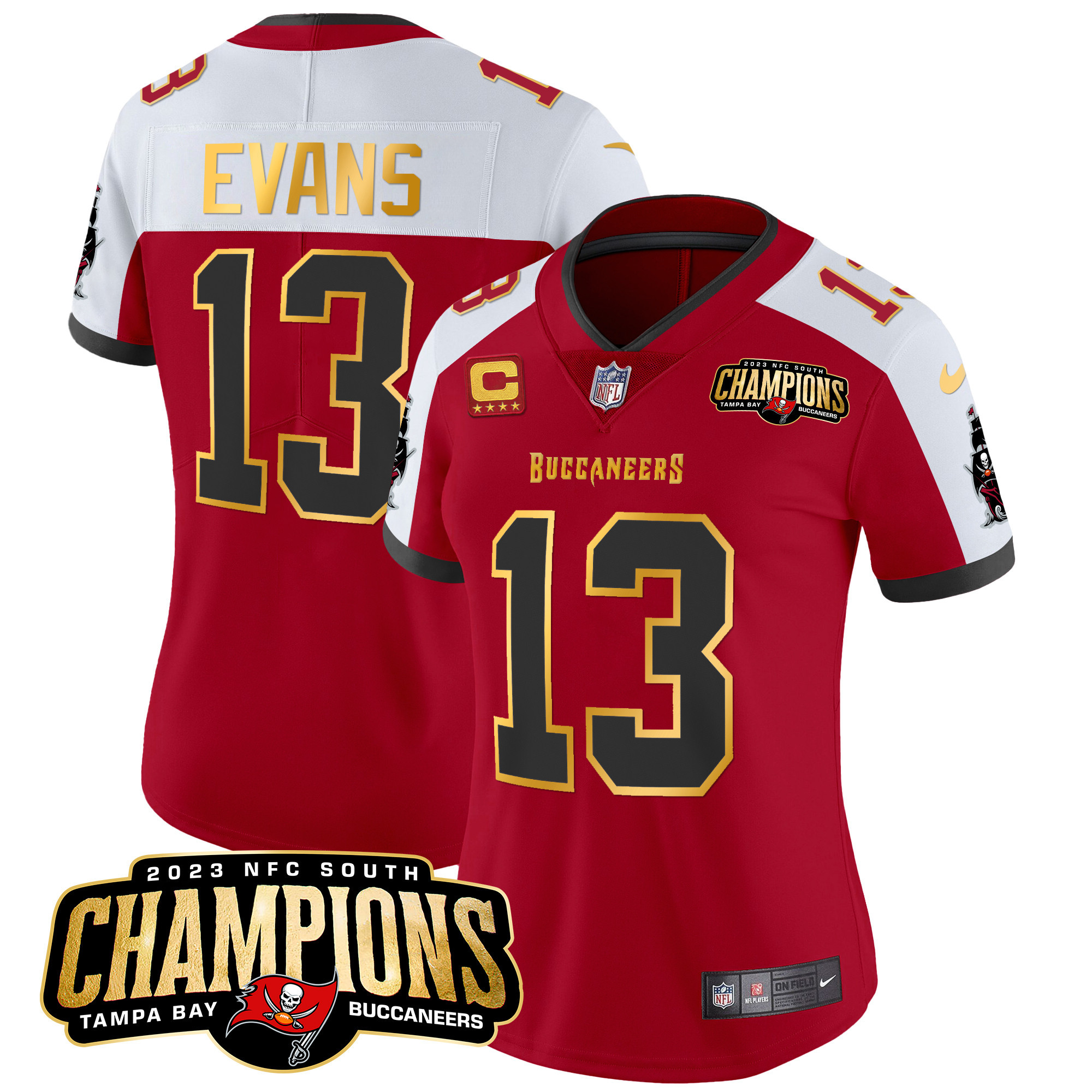 Mike Evans Women's Tampa Bay Buccaneers 2023 NFC South Champions Patch Gold Trim Vapor Red Alternate Jersey - All Stitched 