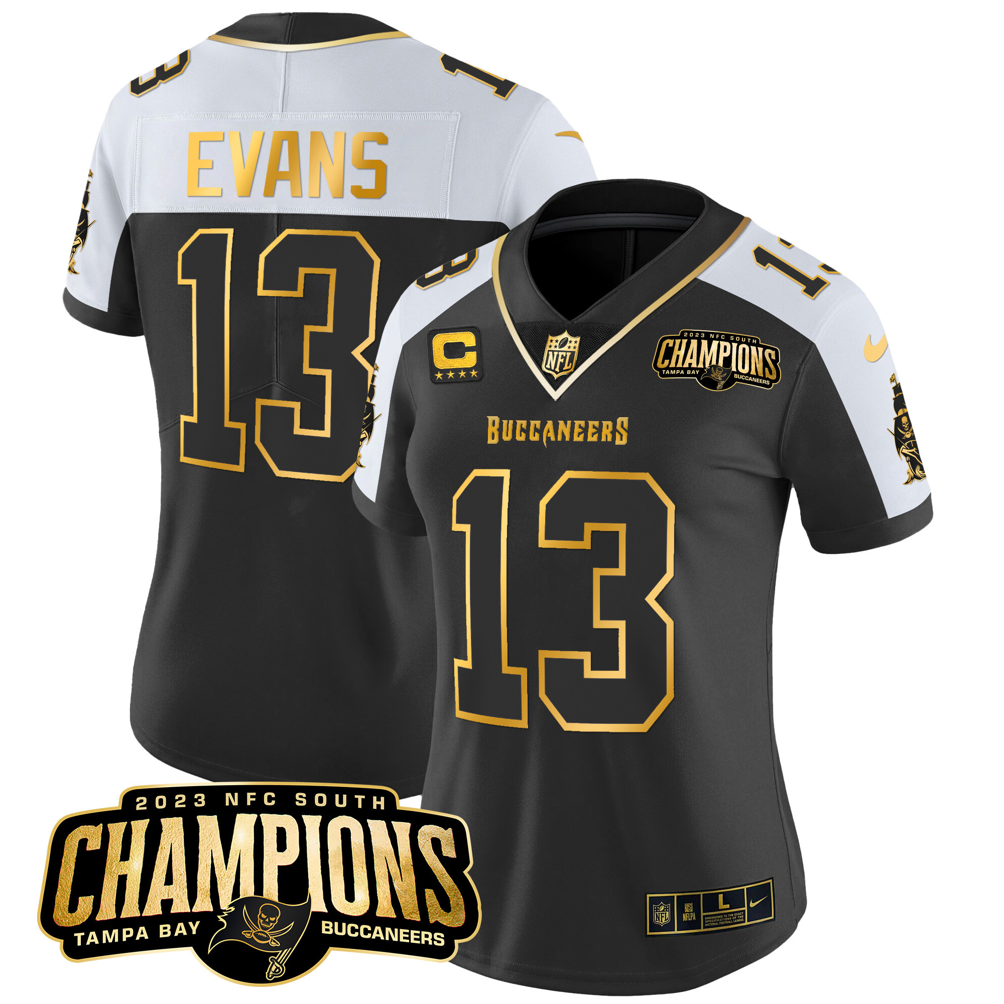 Mike Evans Women's Tampa Bay Buccaneers 2023 NFC South Champions Patch Gold Vapor Alternate Jersey - All Stitched 