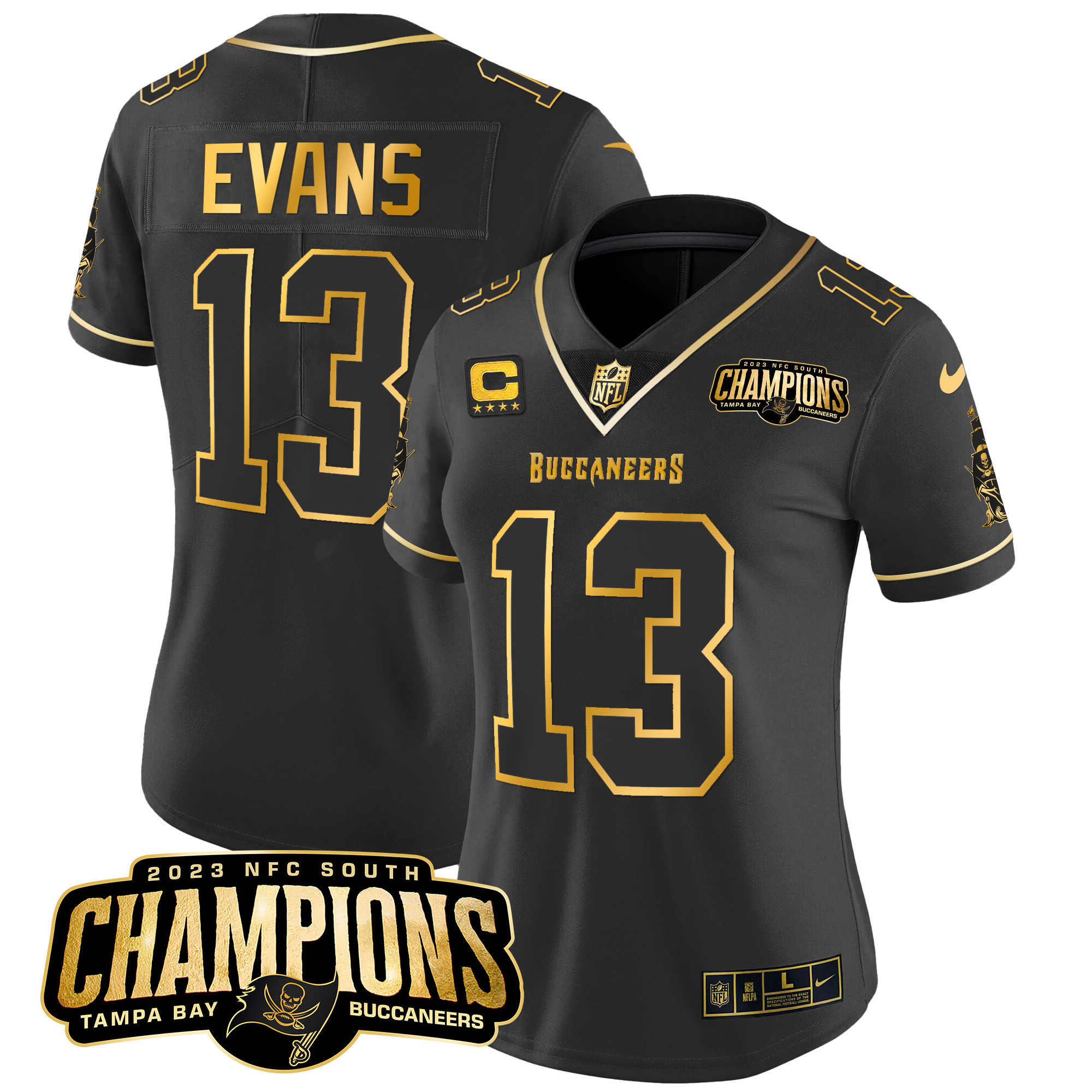 Mike Evans Women's Tampa Bay Buccaneers 2023 NFC South Champions Patch Gold Vapor Black Gold Jersey - All Stitched 