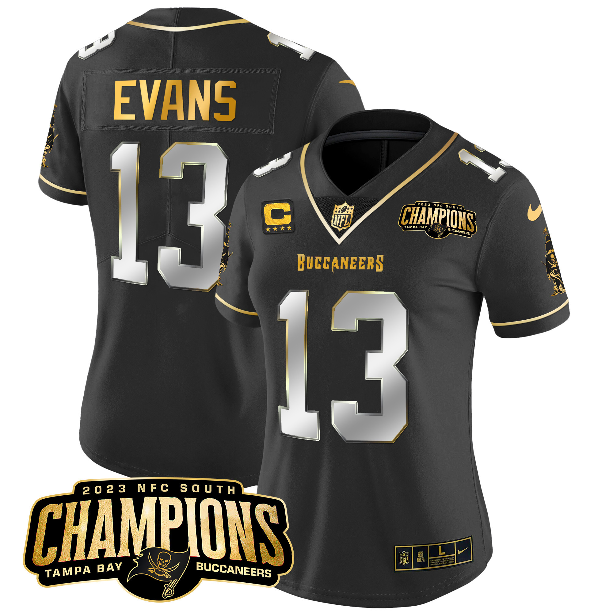 Mike Evans Women's Tampa Bay Buccaneers 2023 NFC South Champions Patch Gold Vapor Black Limited Jersey - All Stitched 