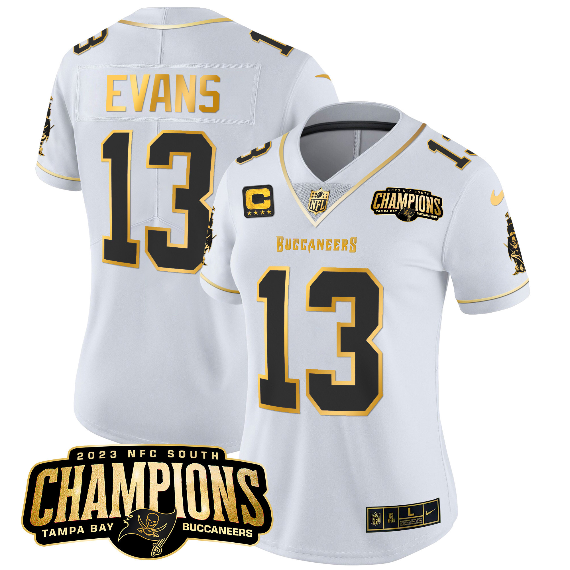 Mike Evans Women's Tampa Bay Buccaneers 2023 NFC South Champions Patch Gold Vapor White Gold Jersey - All Stitched 