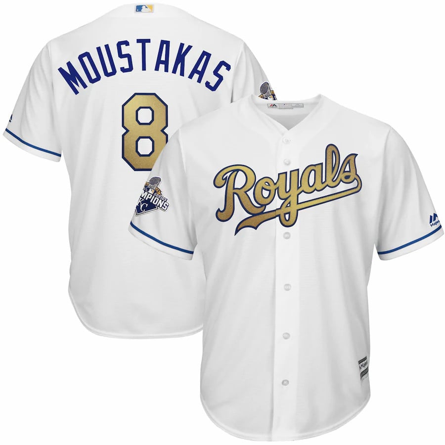 Mike Moustakas Kansas City Royals Majestic 2015 World Series Champions Gold Program Cool Base Player Stitched Jersey – White