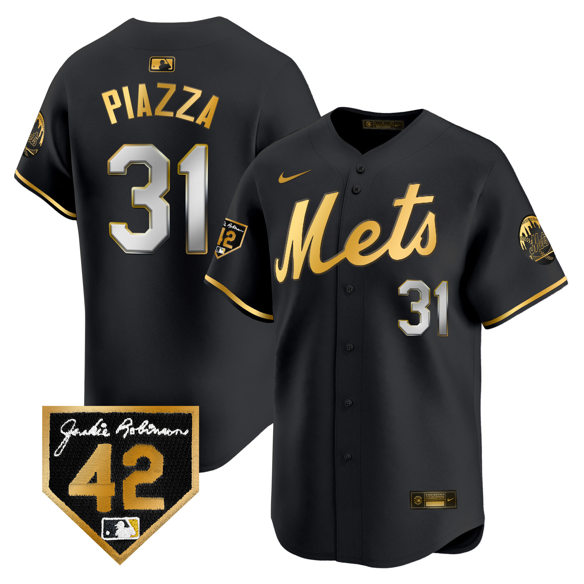 Mike Piazza Men's New York Mets 2024 Jackie Robinson Patch Vapor Premier Limited Black Gold Jersey - All Stitched