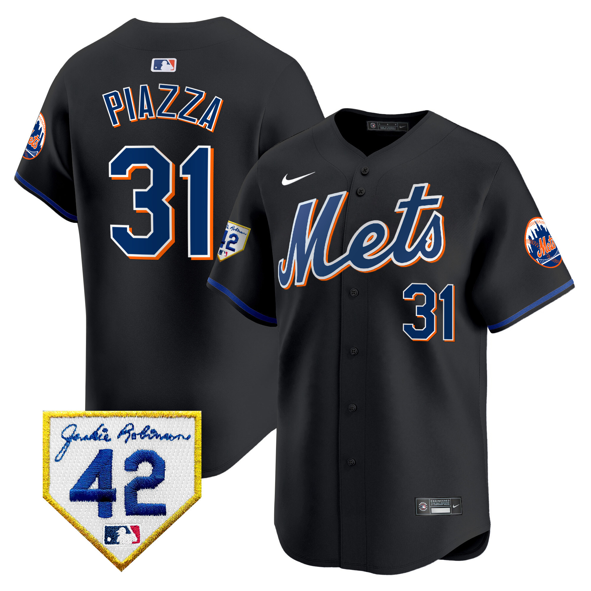 Mike Piazza Men's New York Mets 2024 Jackie Robinson Patch Vapor Premier Limited Black Jersey - All Stitched