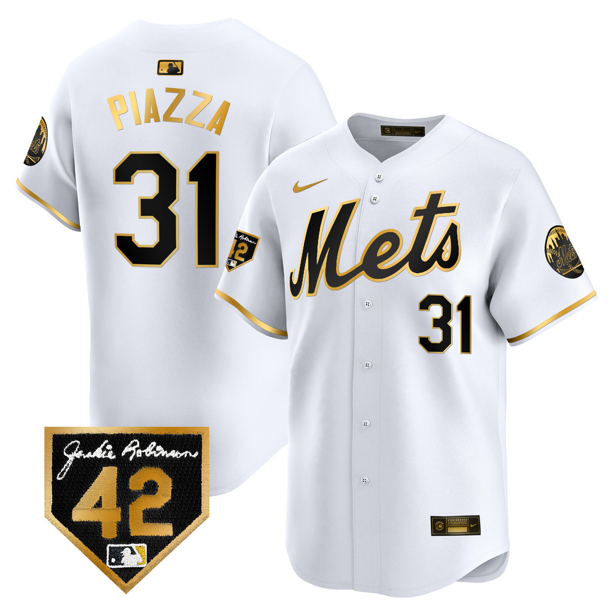 Mike Piazza Men's New York Mets 2024 Jackie Robinson Patch Vapor Premier Limited White Gold Jersey - All Stitched