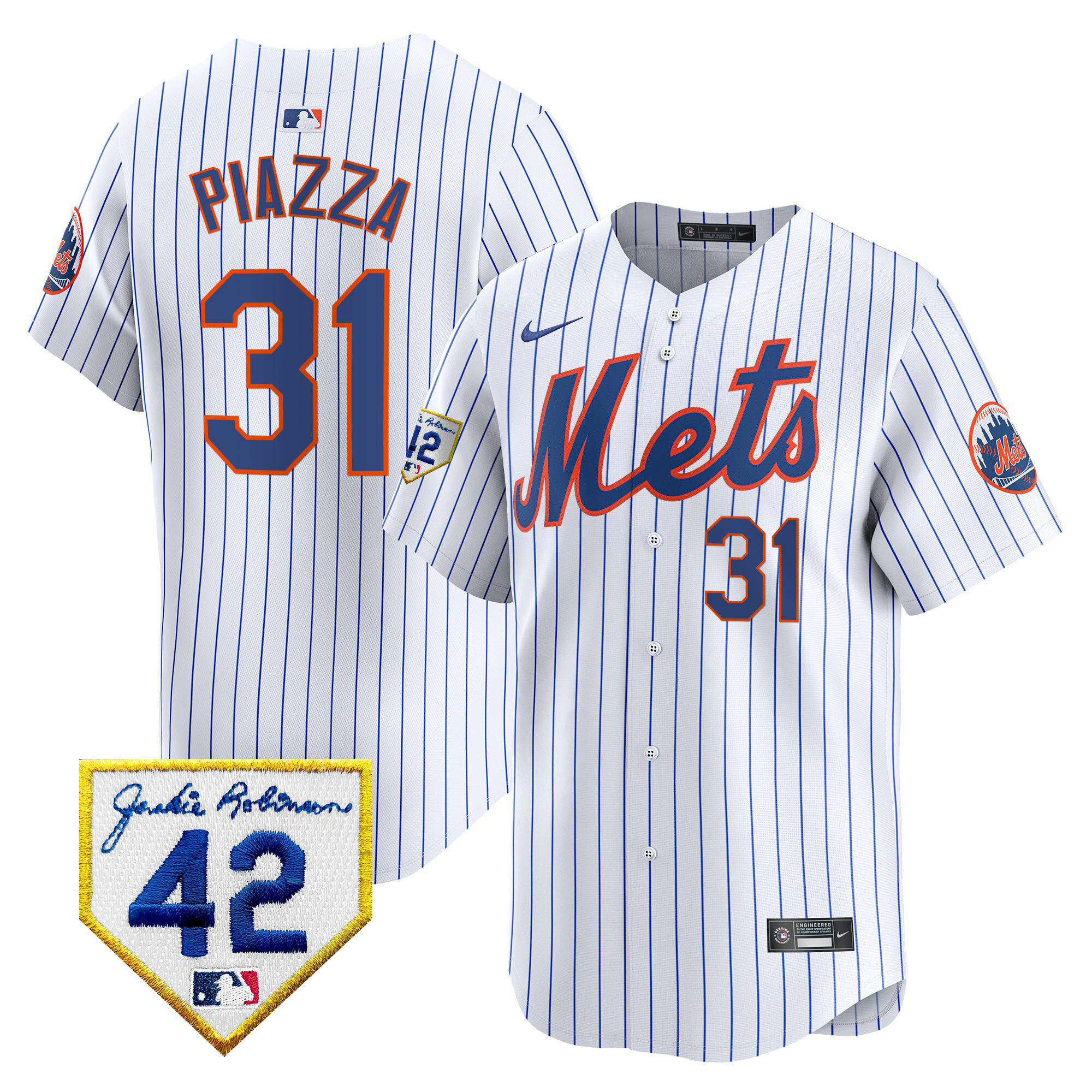 Mike Piazza Men's New York Mets 2024 Jackie Robinson Patch Vapor Premier Limited White Jersey - All Stitched