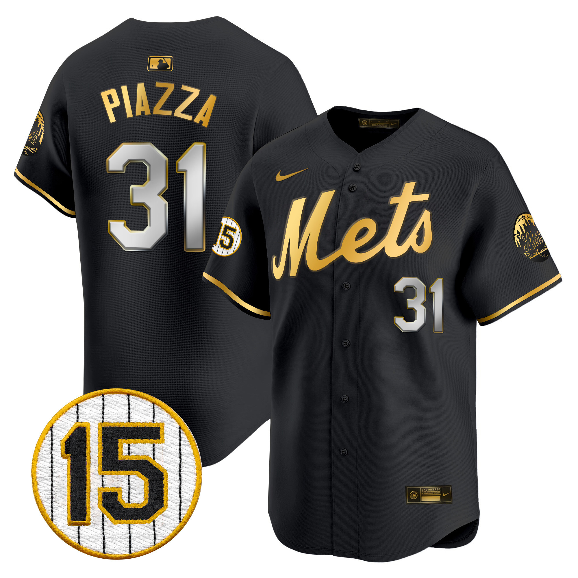 Mike Piazza Men's New York Mets Jerry Grote Patch Vapor Premier Limited Black Gold Jersey - All Stitched