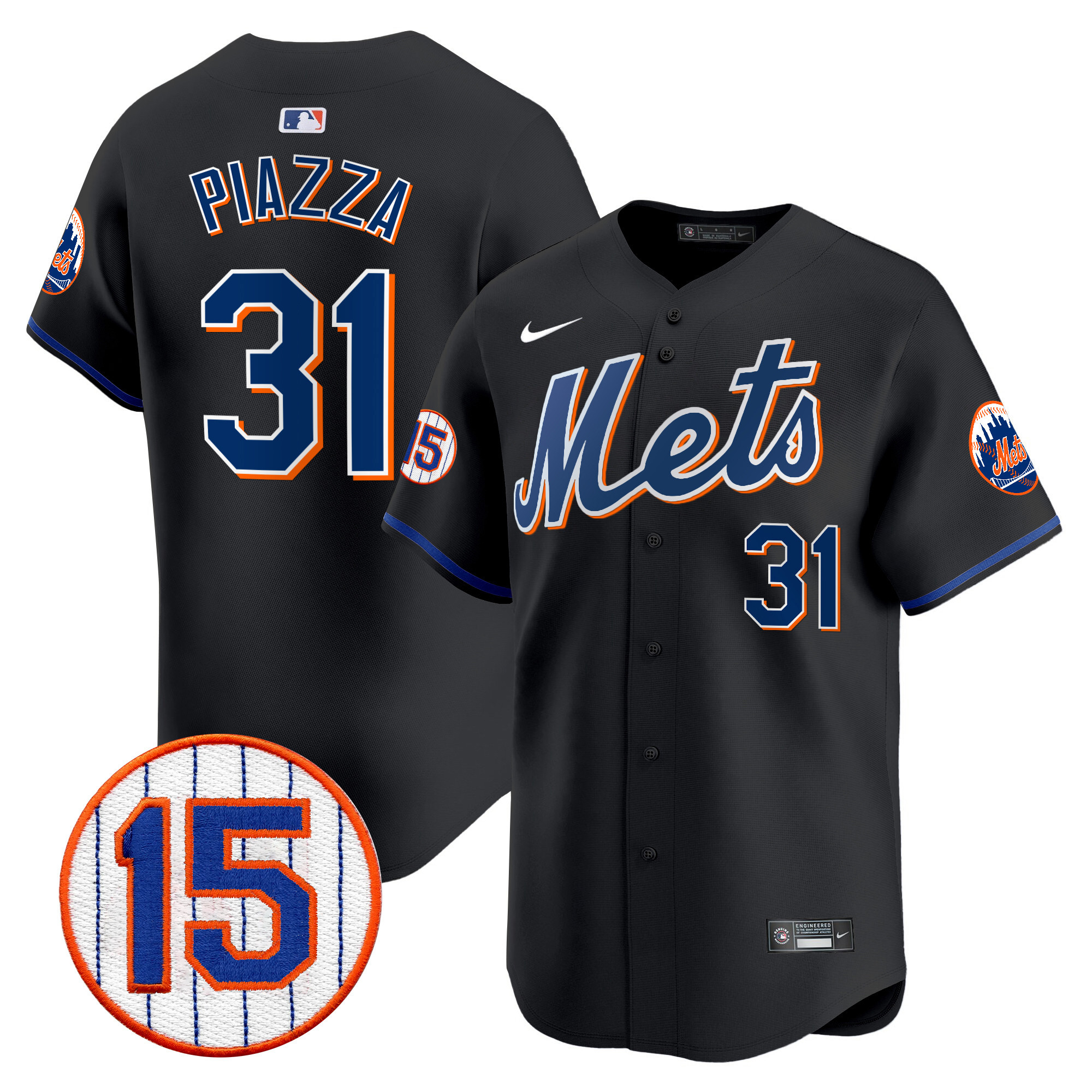 Mike Piazza Men's New York Mets Jerry Grote Patch Vapor Premier Limited Black Jersey - All Stitched