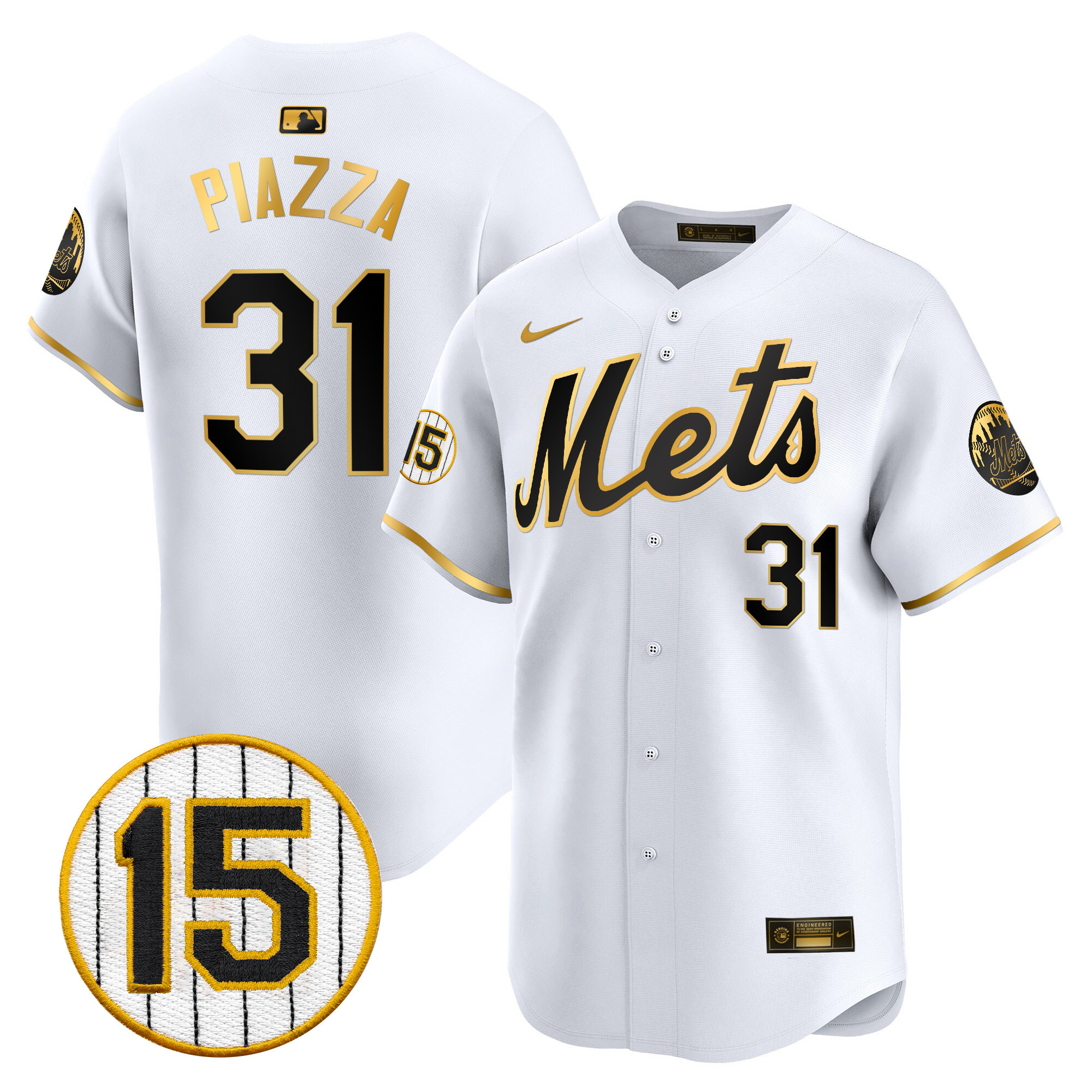 Mike Piazza Men's New York Mets Jerry Grote Patch Vapor Premier Limited White Gold Jersey - All Stitched
