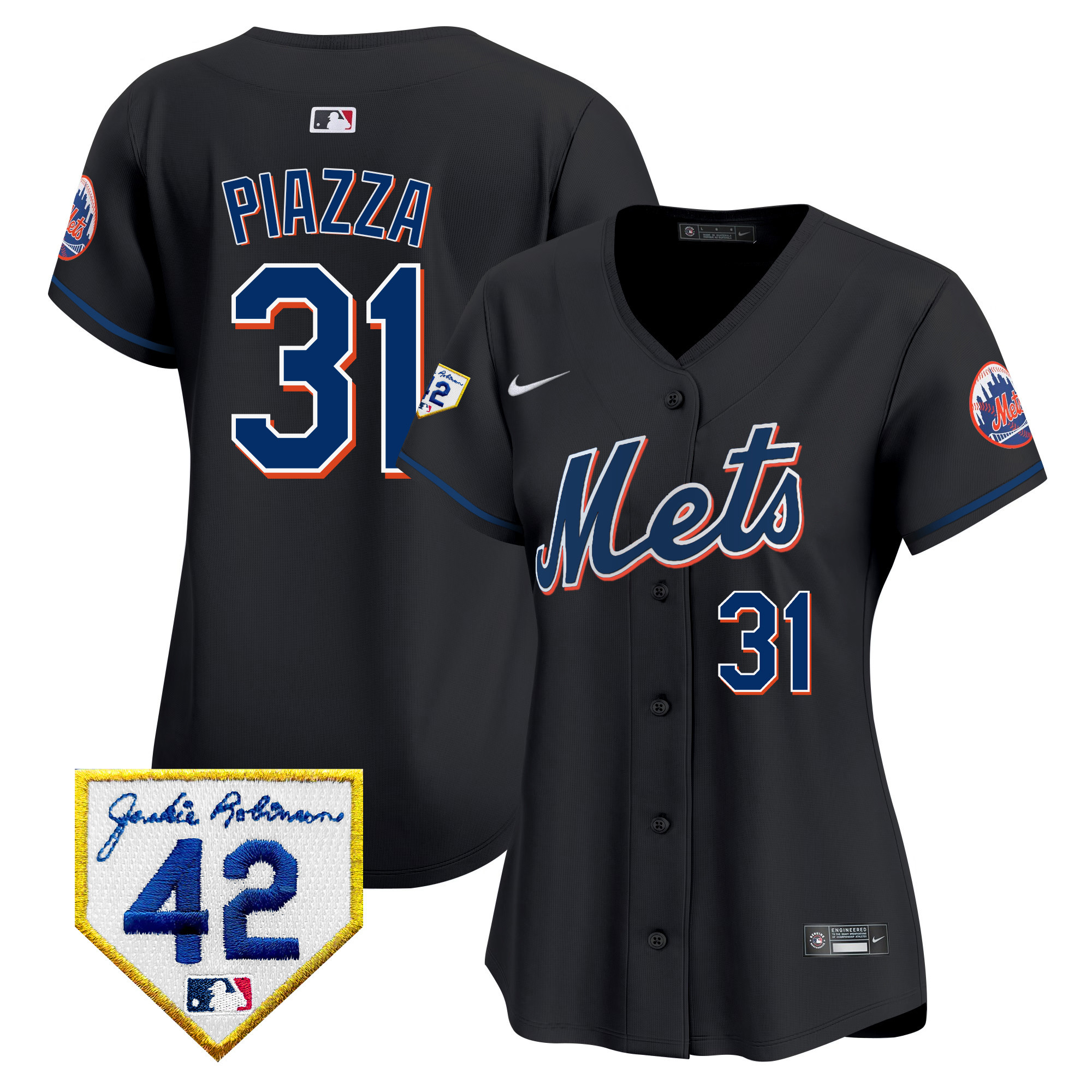 Mike Piazza Women's New York Mets 2024 Jackie Robinson Patch Vapor Premier Limited Black Jersey - All Stitched