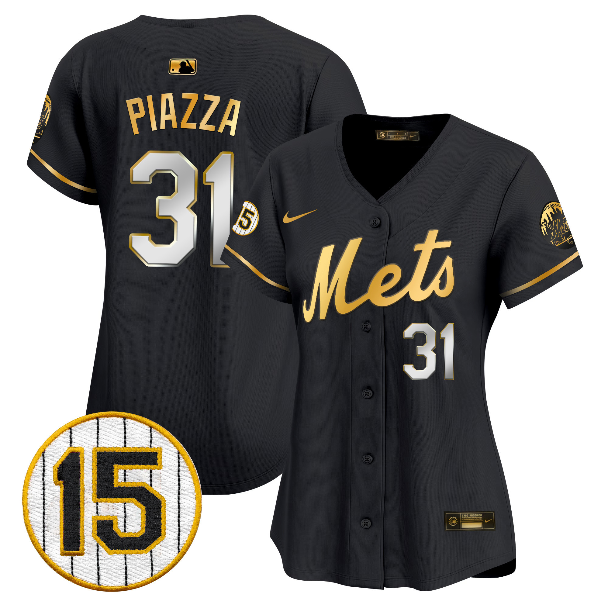 Mike Piazza Women's New York Mets Jerry Grote Patch Vapor Premier Limited Black Gold Jersey - All Stitched