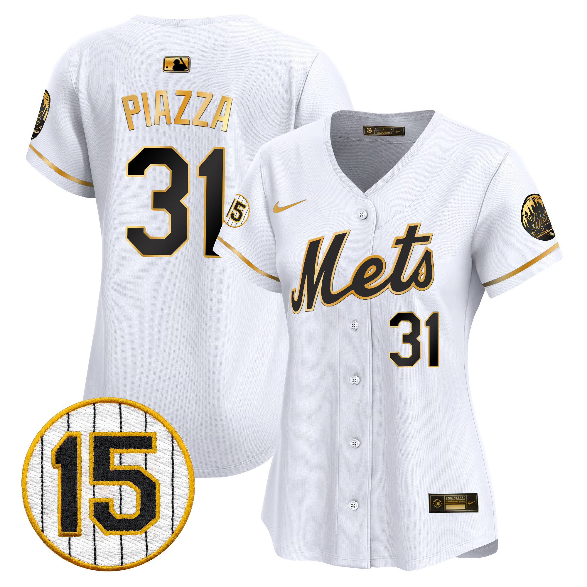 Mike Piazza Women's New York Mets Jerry Grote Patch Vapor Premier Limited White Gold Jersey - All Stitched