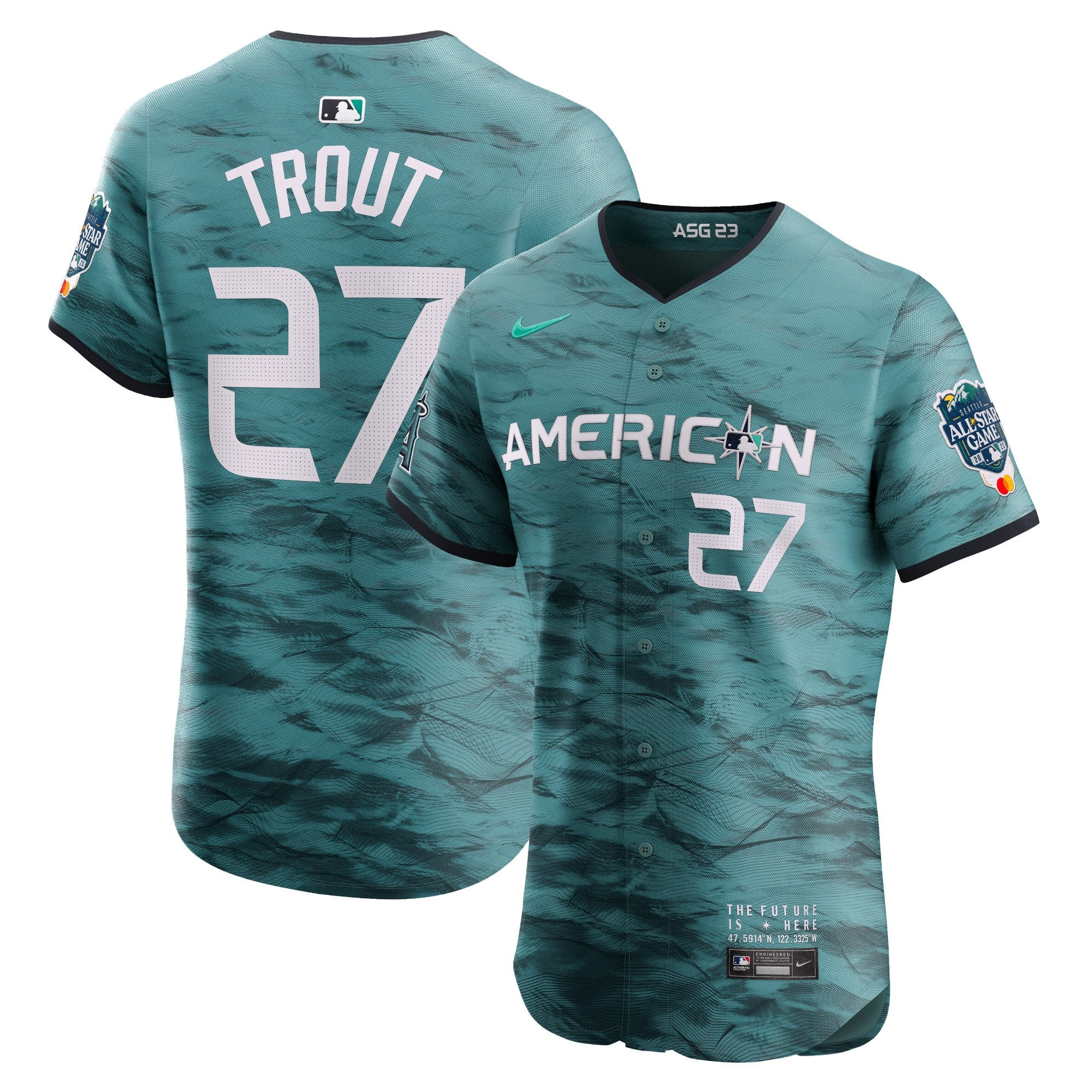 Mike Trout Men's Seattle Mariners American League 2023 All-Star Game Teal Flex Base Jersey - All Stitched