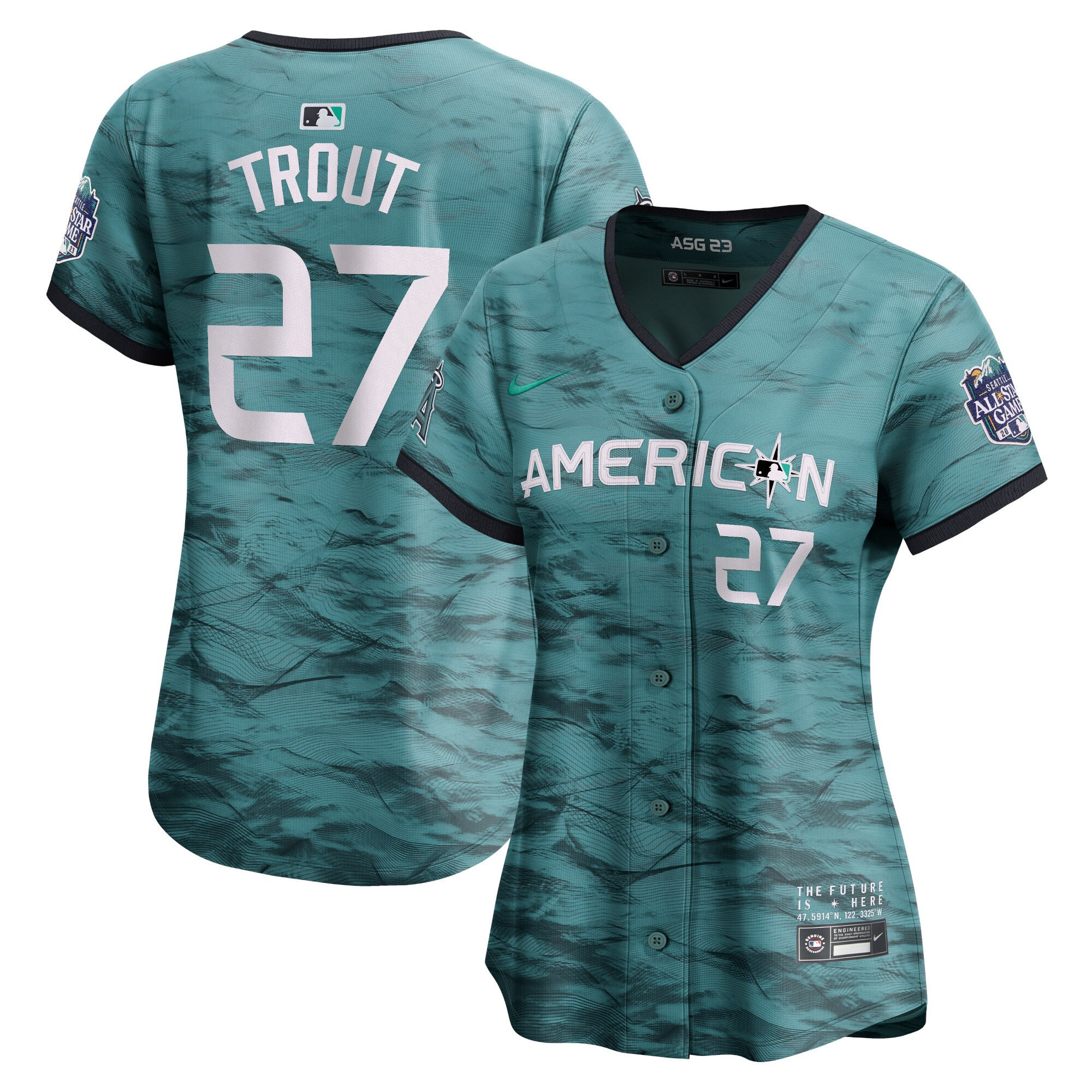 Mike Trout Women's Seattle Mariners American League 2023 All-Star Game Teal Royal Jersey - All Stitched