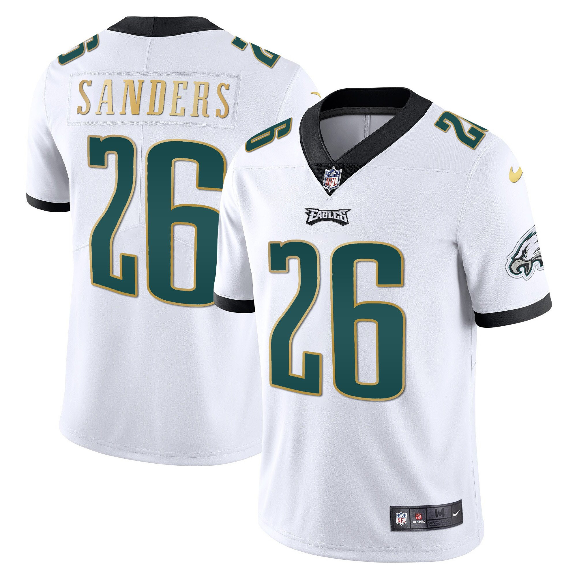 Miles Sanders Men's Philadelphia Eagles Gold Trim Vapor Player White Gold Trim Jersey - All Stitched