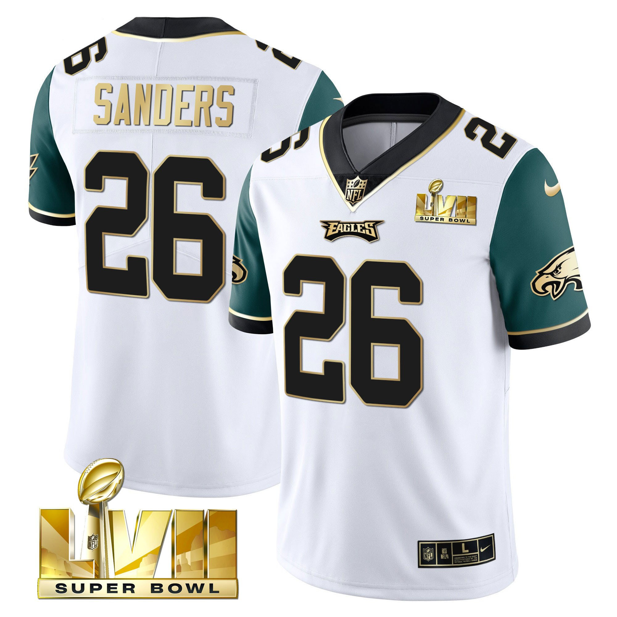 Miles Sanders Men's Philadelphia Eagles Super Bowl Vapor Gold Midnight Green Sleeves Jersey - All Stitched