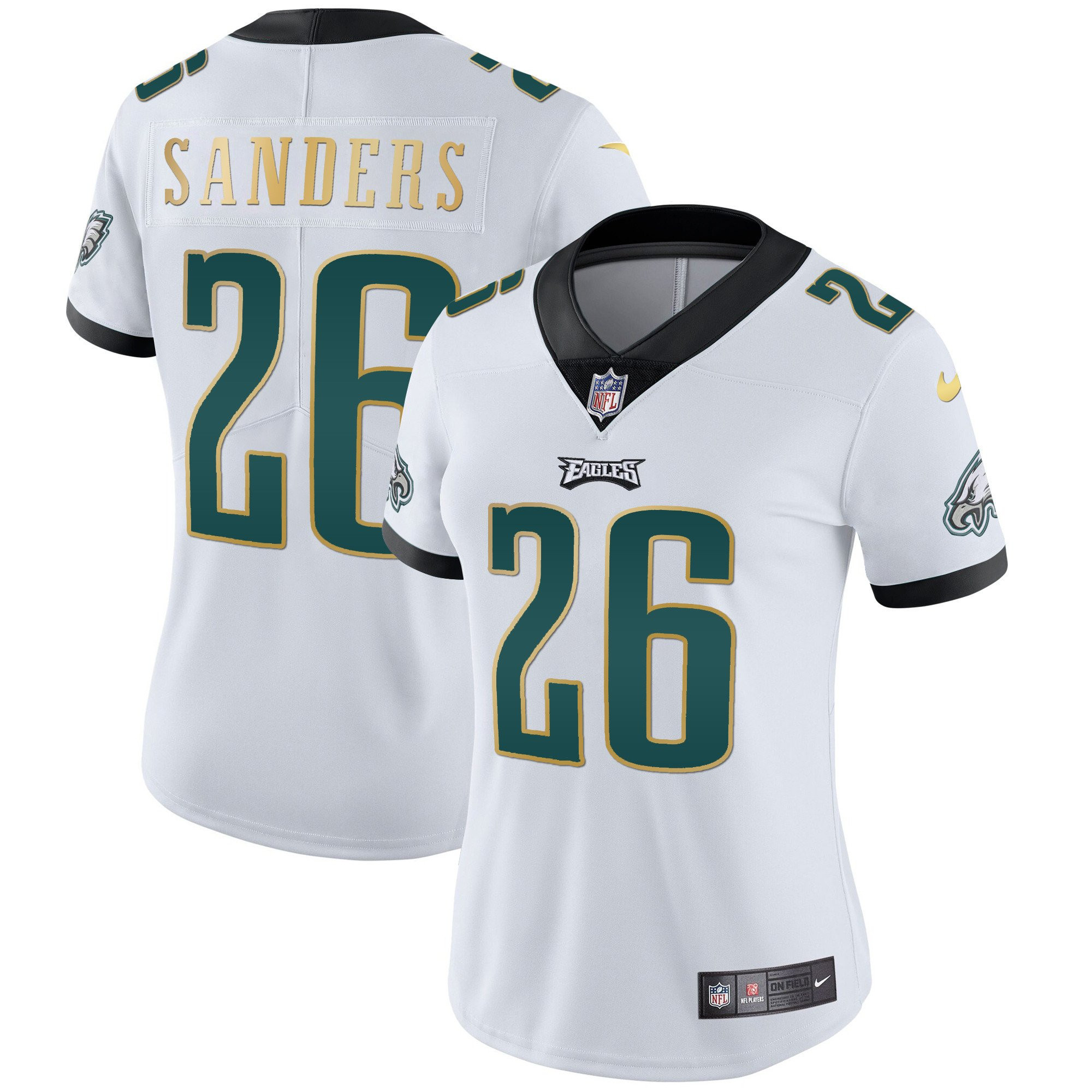 Miles Sanders Women's Philadelphia Eagles Gold Trim Vapor Player White Gold Trim Jersey - All Stitched