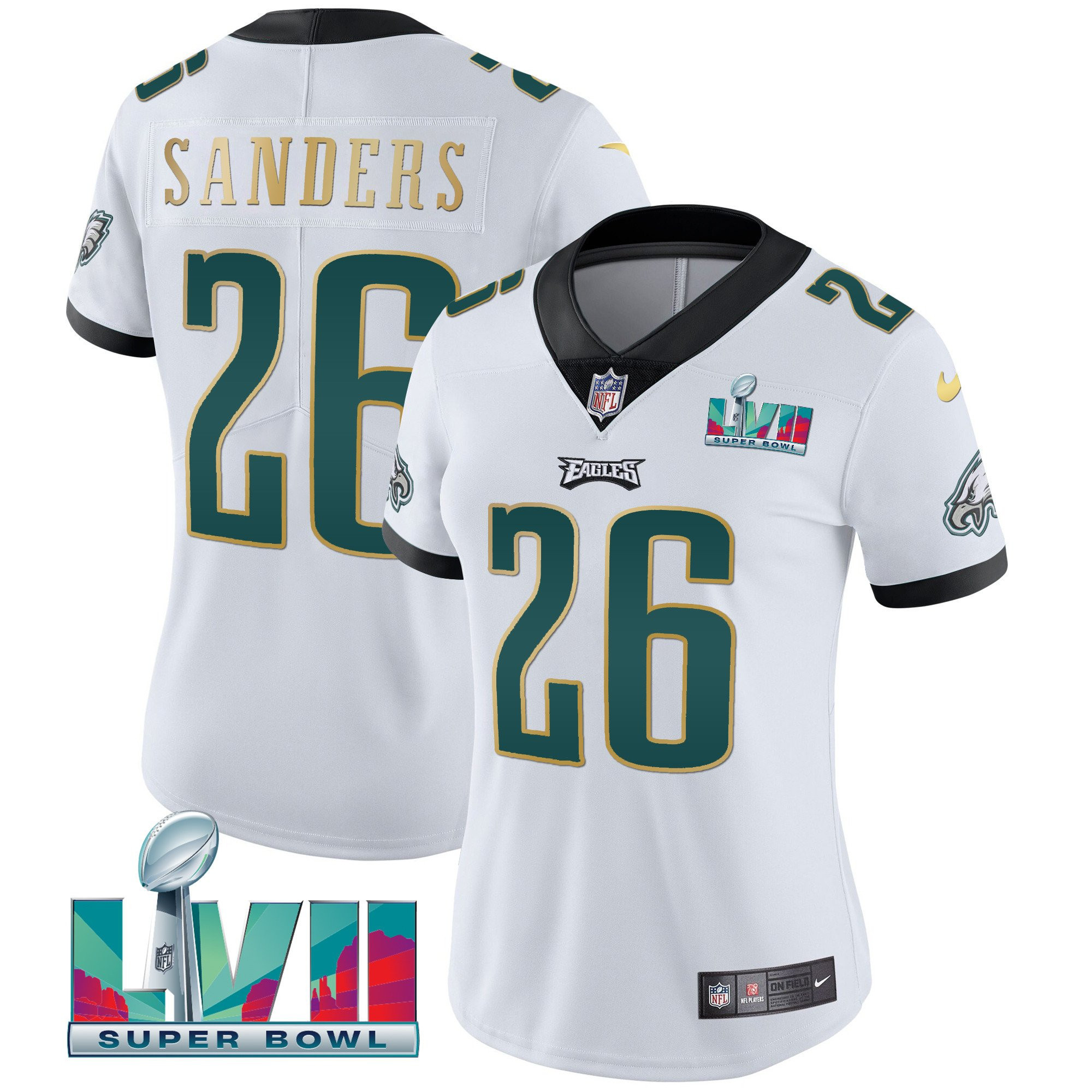 Miles Sanders Women's Philadelphia Eagles Super Bowl LVII Gold Trim White Gold Trim Jersey - All Stitched