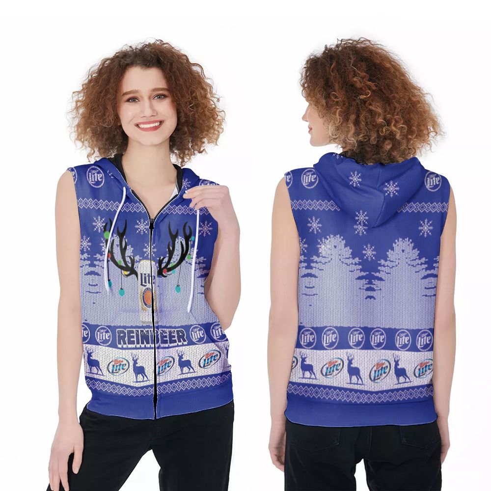 Miller Lite Reinbeer Christmas 3D Printed Gift For Miller Lite Lovers Zip Sleeveless Hoodie