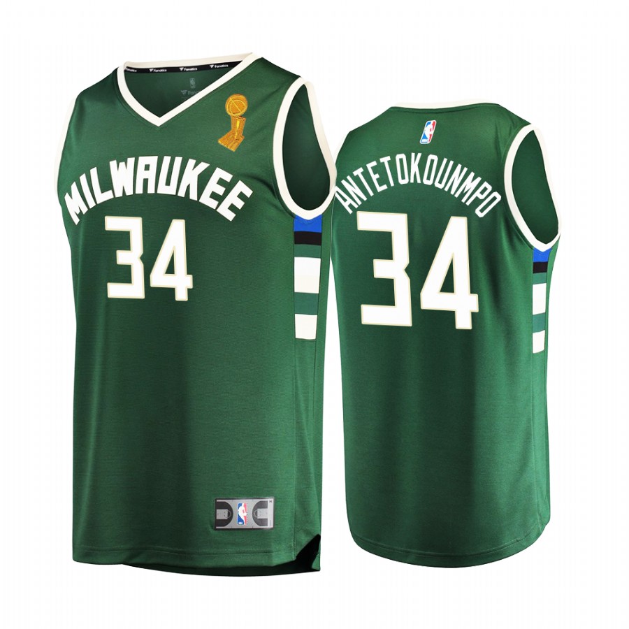 Milwaukee Bucks Giannis Antetokounmpo 2021 NBA Finals Champions Jersey Green #34