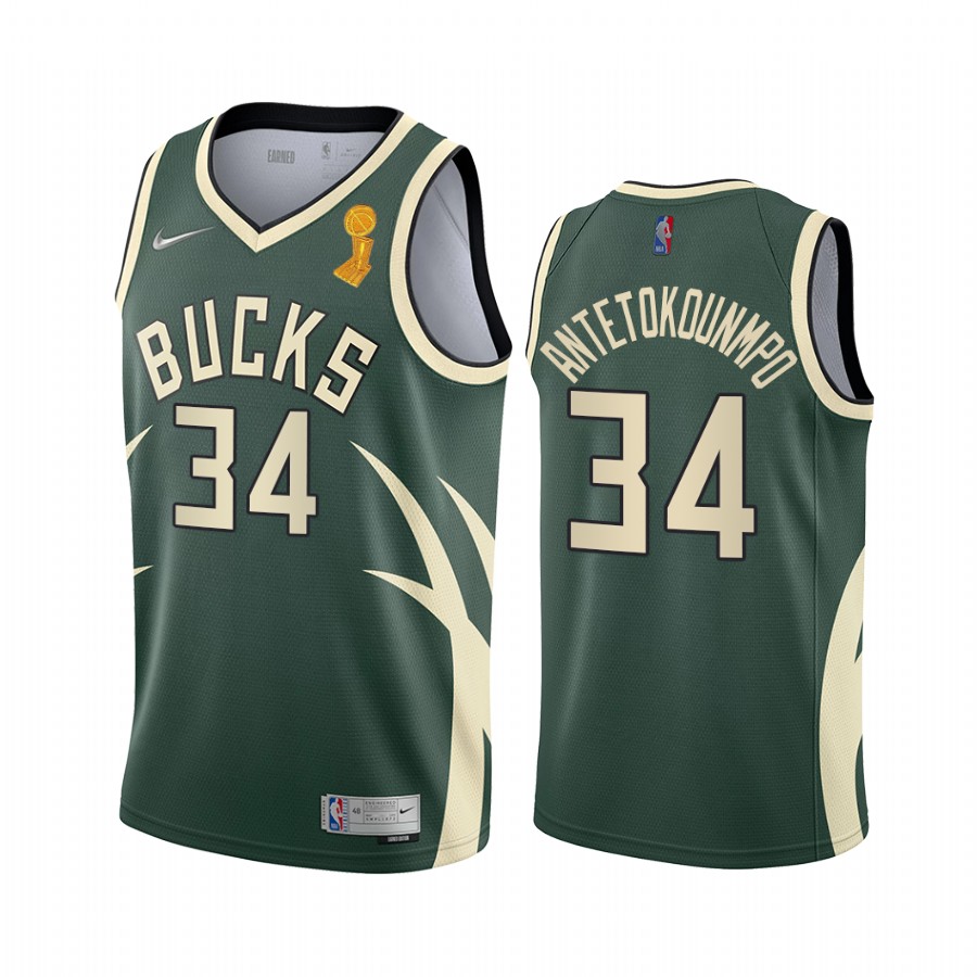 Milwaukee Bucks Giannis Antetokounmpo 2021 NBA Finals Champions Jersey Green #34