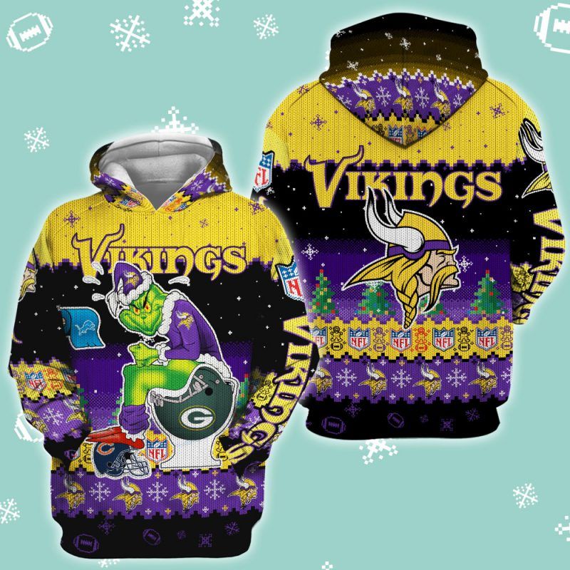 Minnesota viking christmas grinch in toilet knitting pattern 3D Hoodie