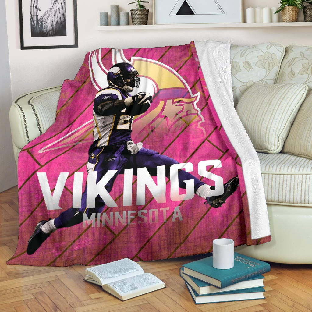 Minnesota Vikings American Football Team Fleece Blanket Adrian Peterson Jumping Symbol On Pink Wall Background Fleece Blankets