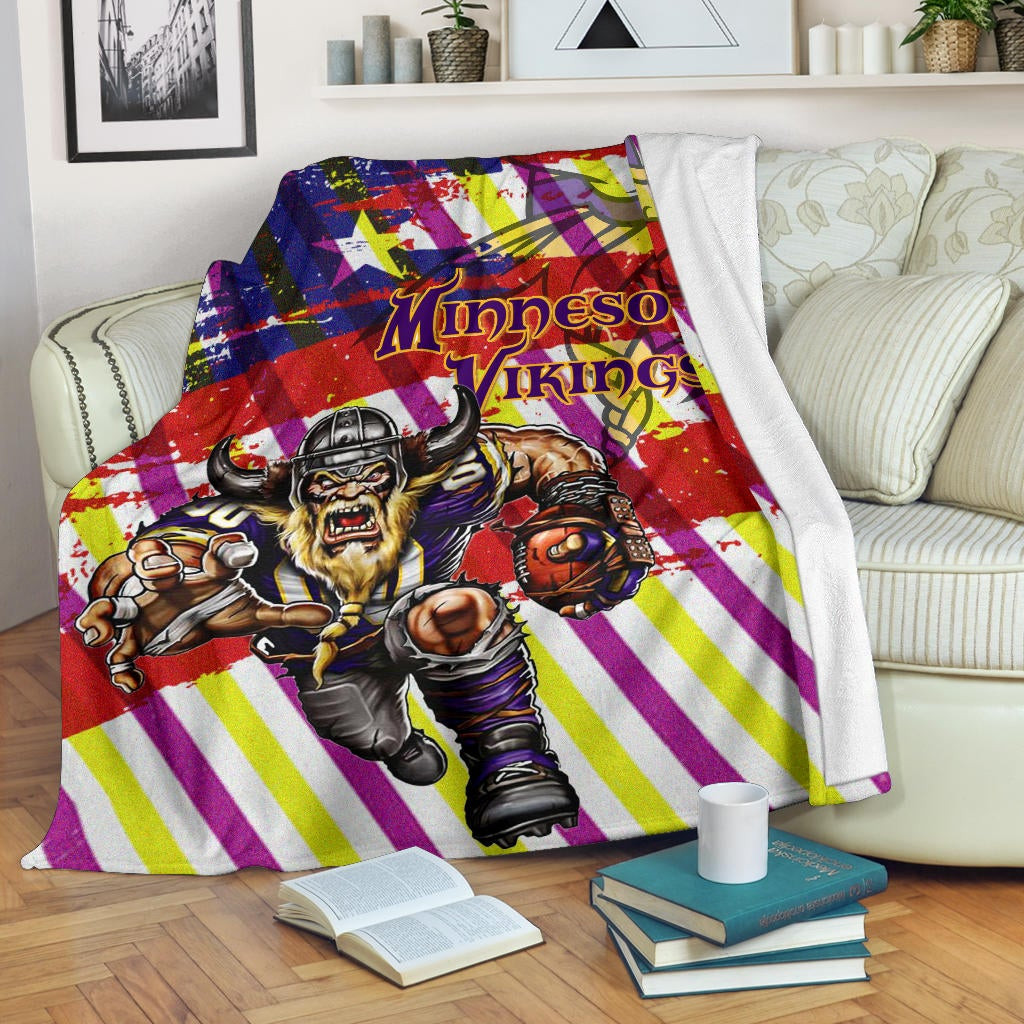 Minnesota Vikings American Football Team Fleece Blanket Giant Viking Holding Rugby Running On Painting Flag Fleece Blankets