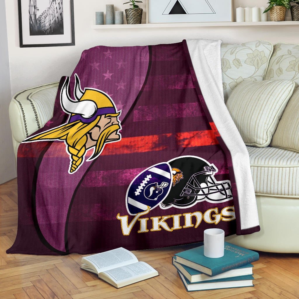 Minnesota Vikings American Football Team Fleece Blanket Viking Head Rugby Ball And Black Helmet Symbol Fleece Blankets