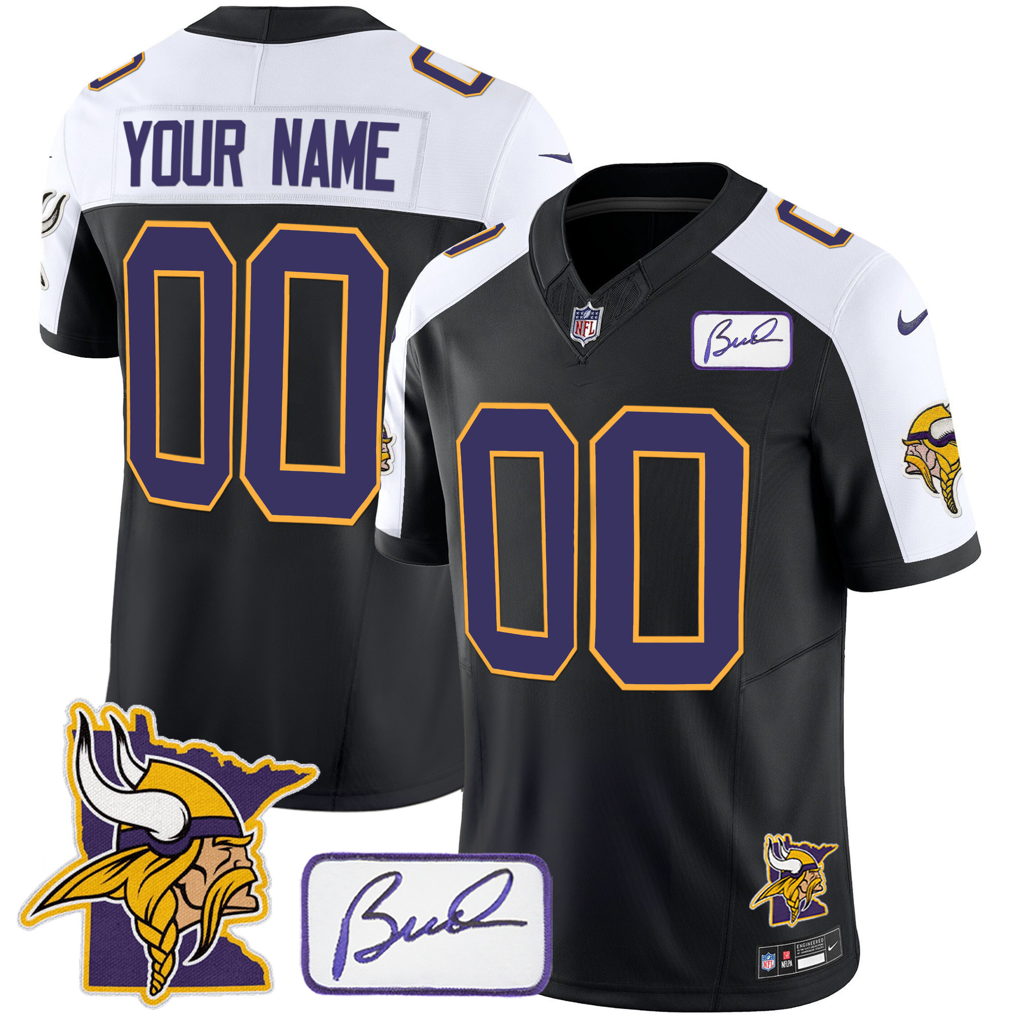 Minnesota Vikings Bud Grant & Minnesota Patch Classic Limited Custom Black Alternate Jersey - All Stitched