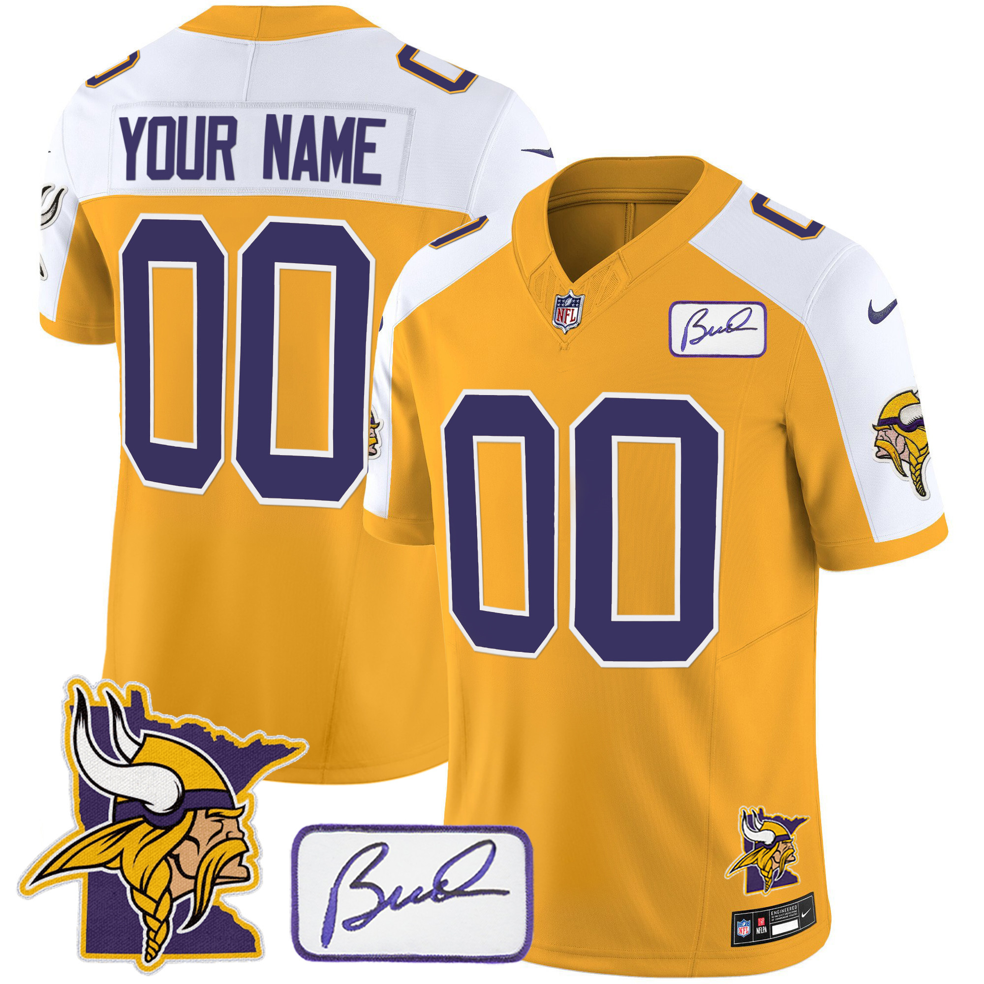 Minnesota Vikings Bud Grant & Minnesota Patch Classic Limited Custom Gold Alternate Jersey - All Stitched