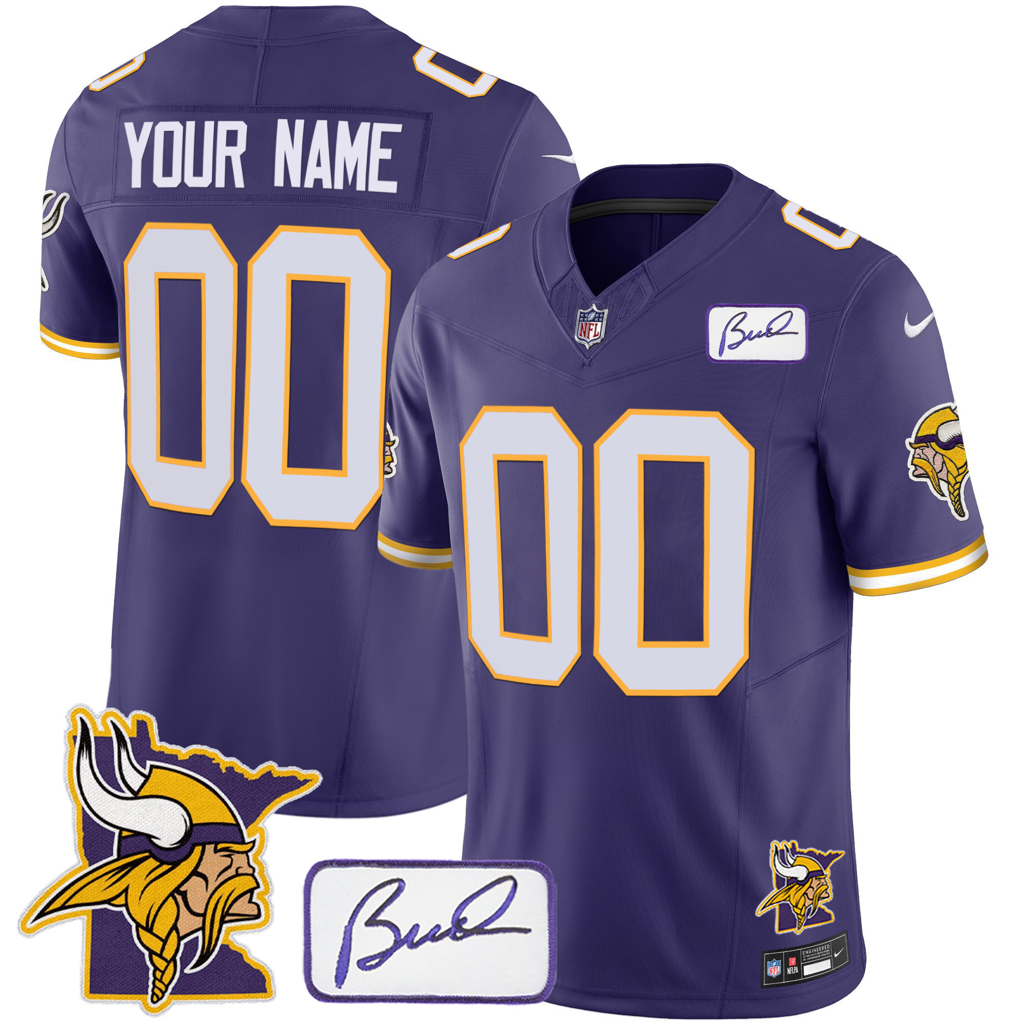 Minnesota Vikings Bud Grant & Minnesota Patch Classic Limited Custom Purple Jersey - All Stitched