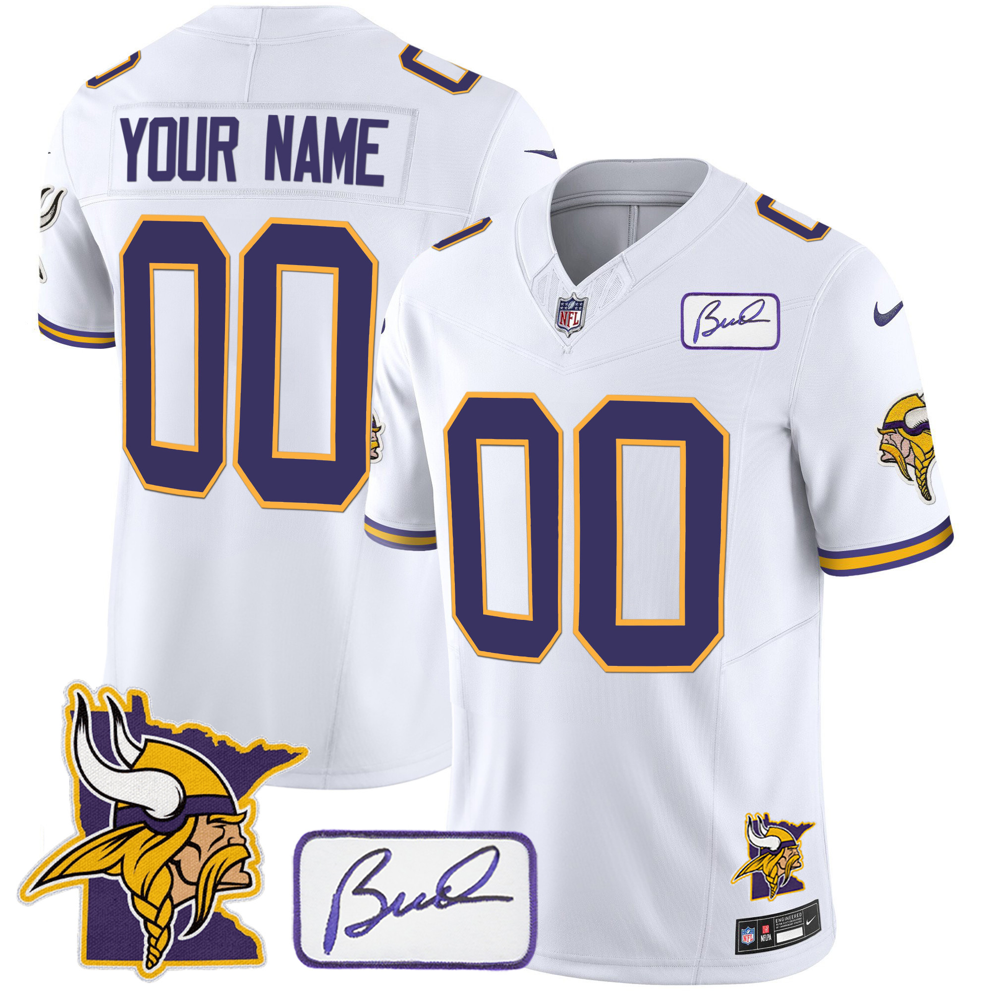 Minnesota Vikings Bud Grant & Minnesota Patch Classic Limited Custom White Jersey - All Stitched