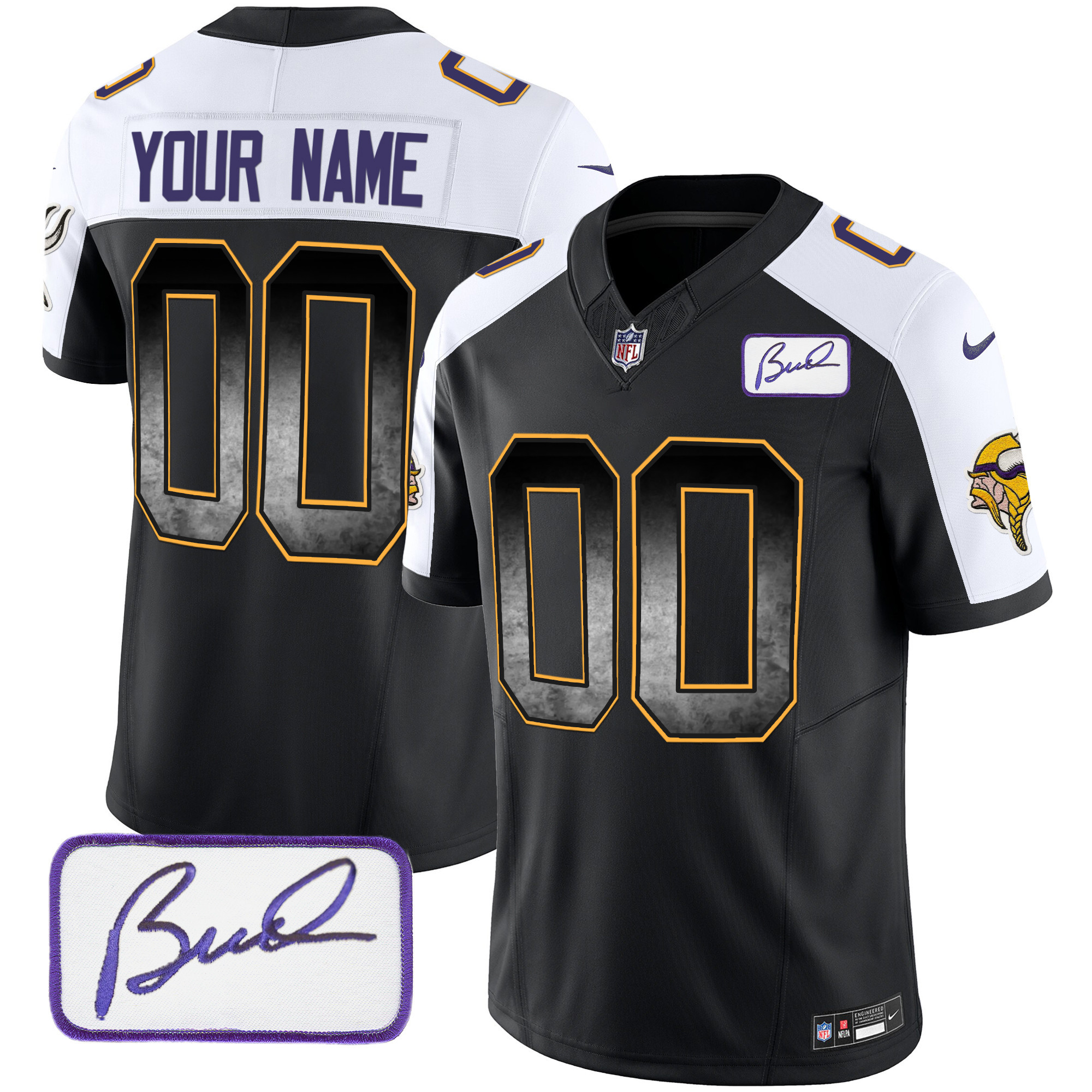 Minnesota Vikings Bud Grant Patch Arch Smoke Vapor Custom Black Alternate Jersey - All Stitched