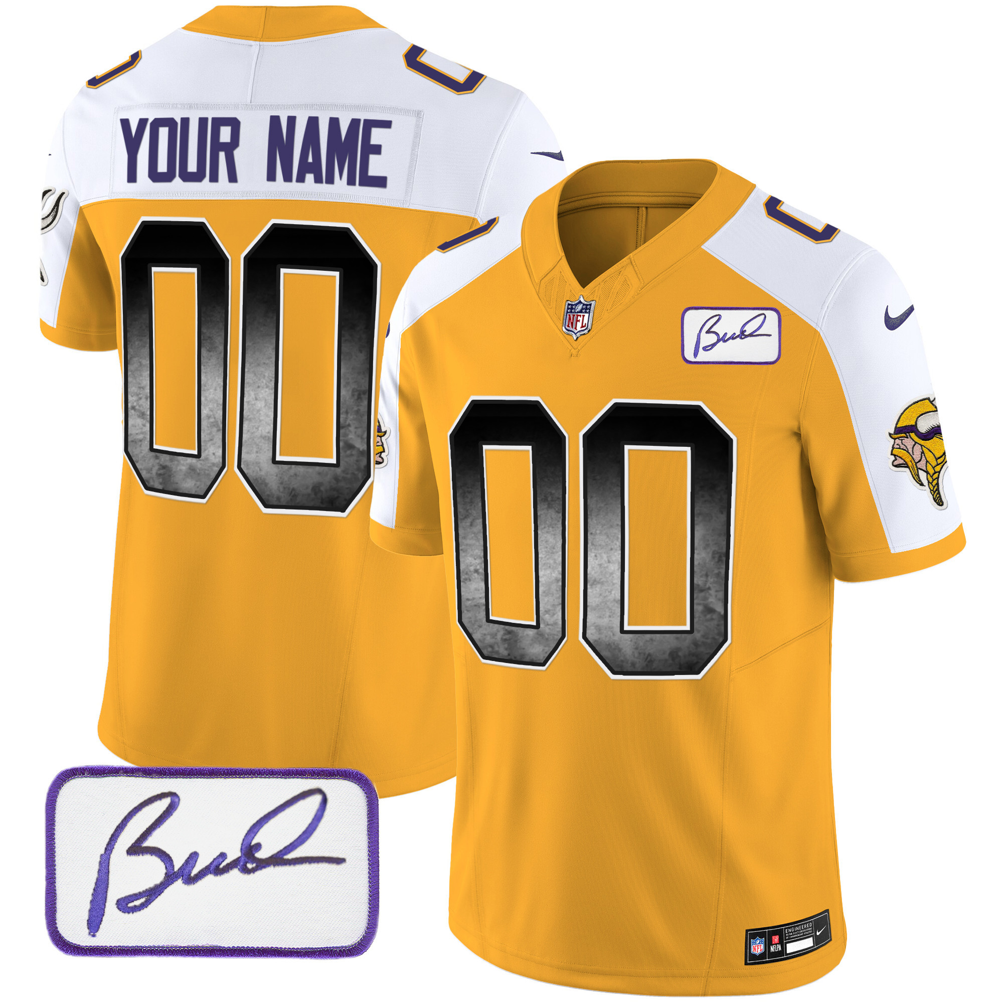 Minnesota Vikings Bud Grant Patch Arch Smoke Vapor Custom Gold Alternate Jersey - All Stitched