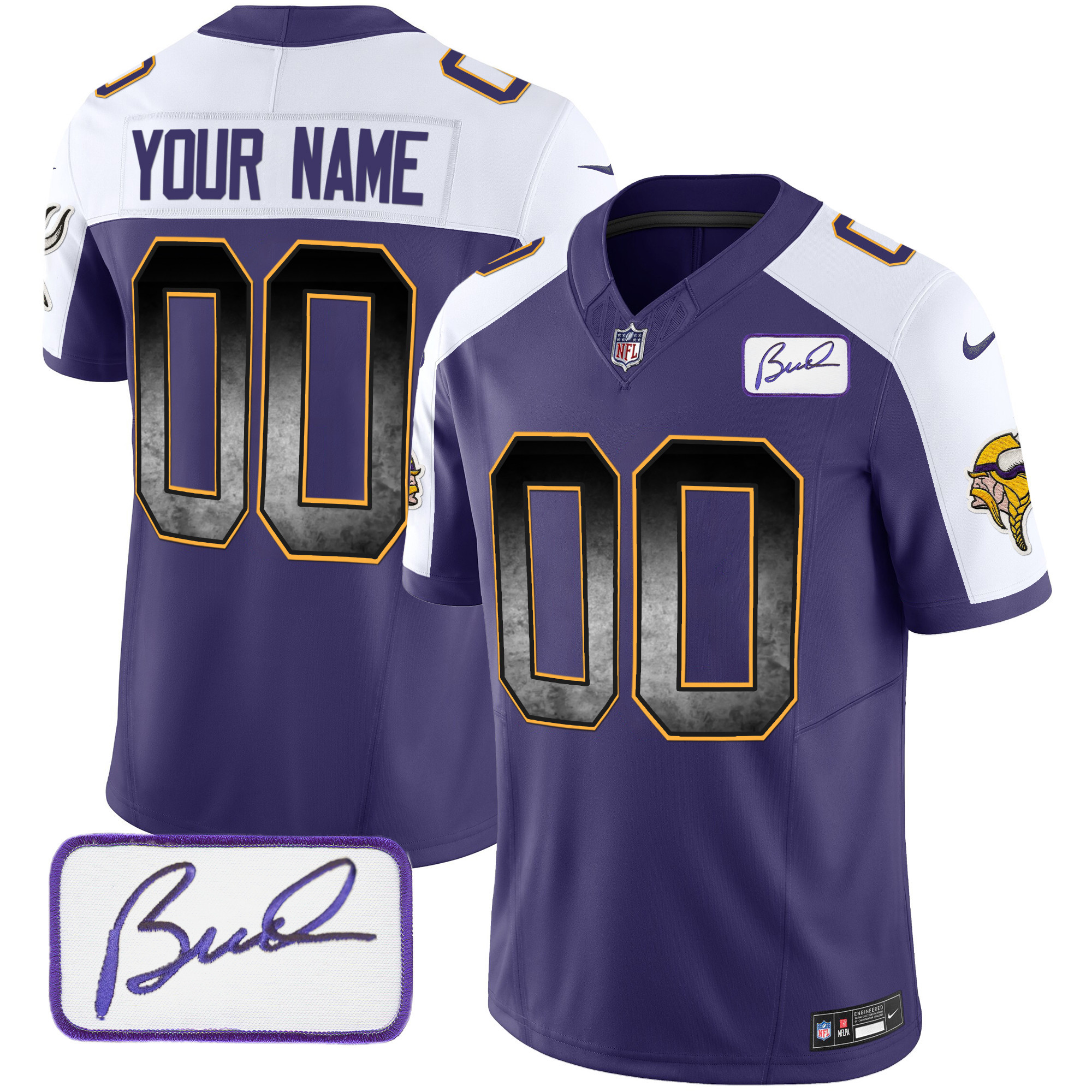 Minnesota Vikings Bud Grant Patch Arch Smoke Vapor Custom Purple Alternate Jersey - All Stitched