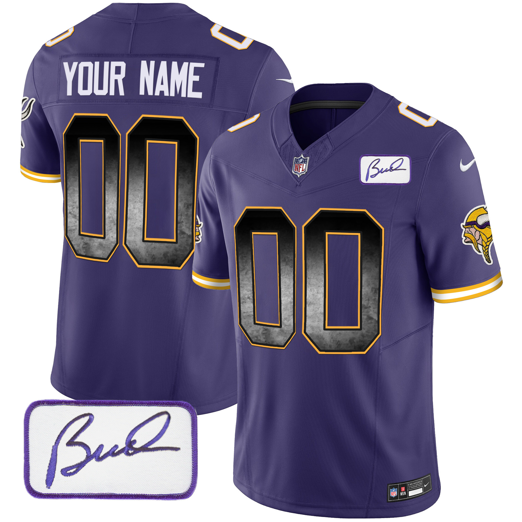 Minnesota Vikings Bud Grant Patch Arch Smoke Vapor Custom Purple Jersey - All Stitched