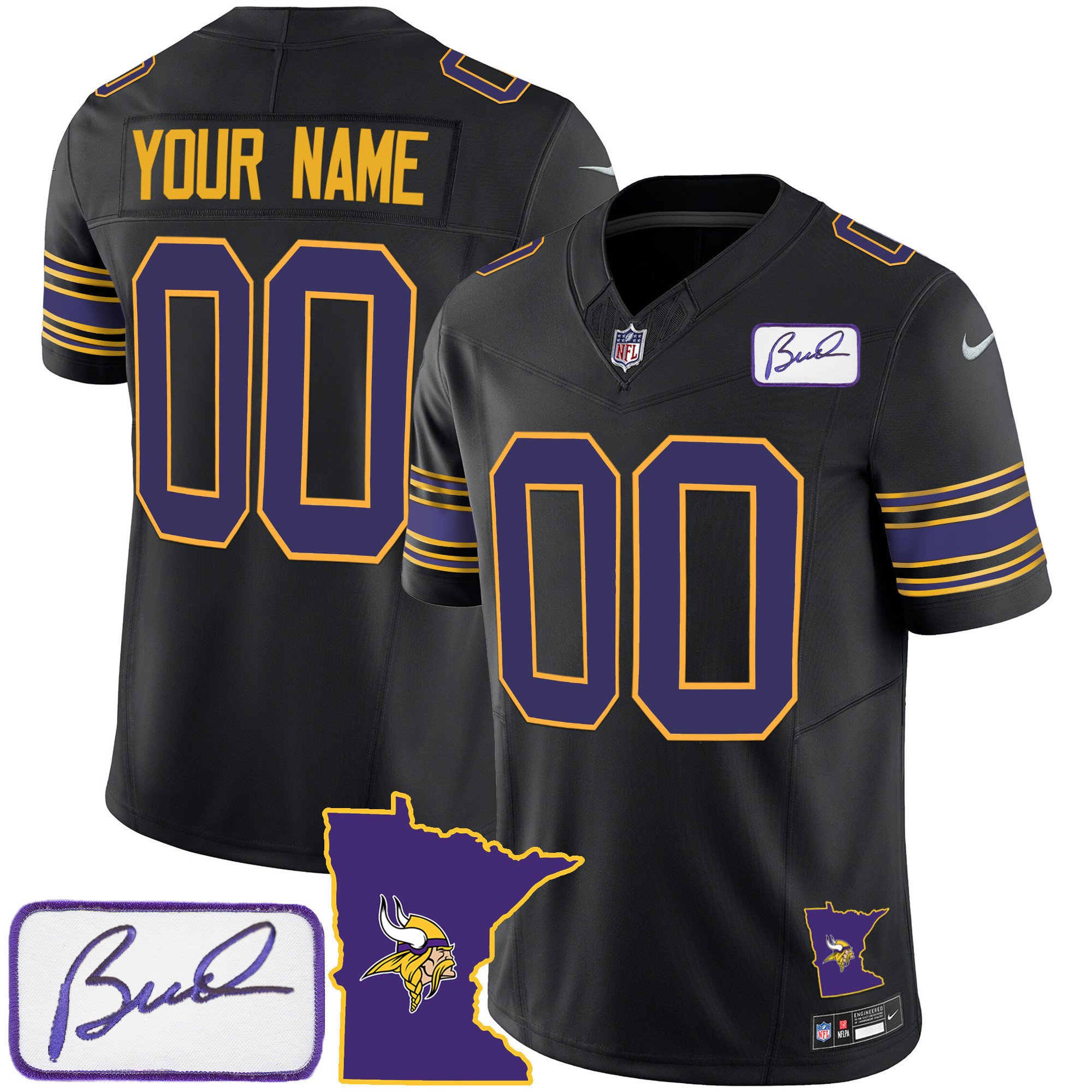 Minnesota Vikings Bud Grant Patch Classic Limited Custom V2 Black Jersey - All Stitched