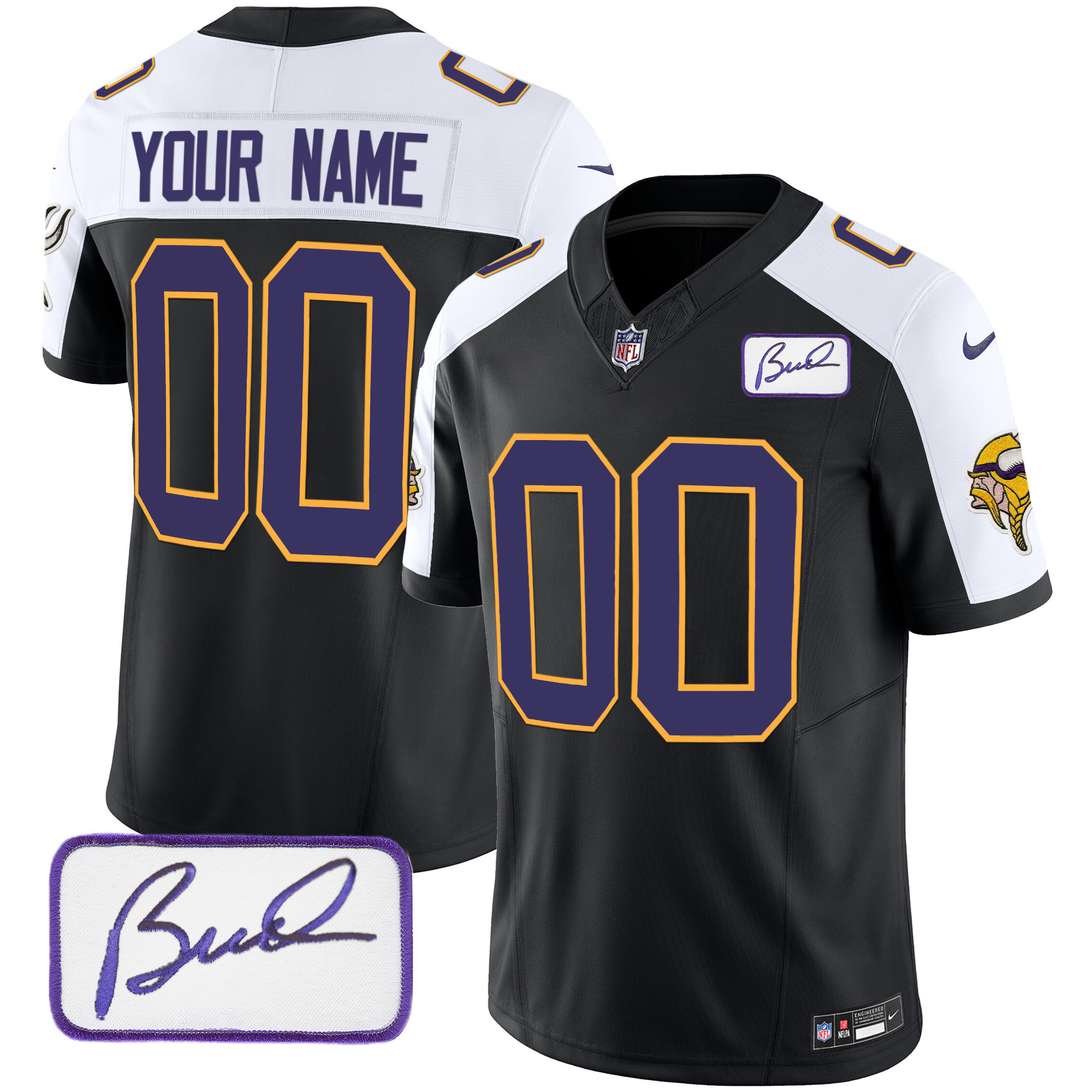 Minnesota Vikings Bud Grant Patch Classic Limited Custom V3 Black Alternate Jersey - All Stitched