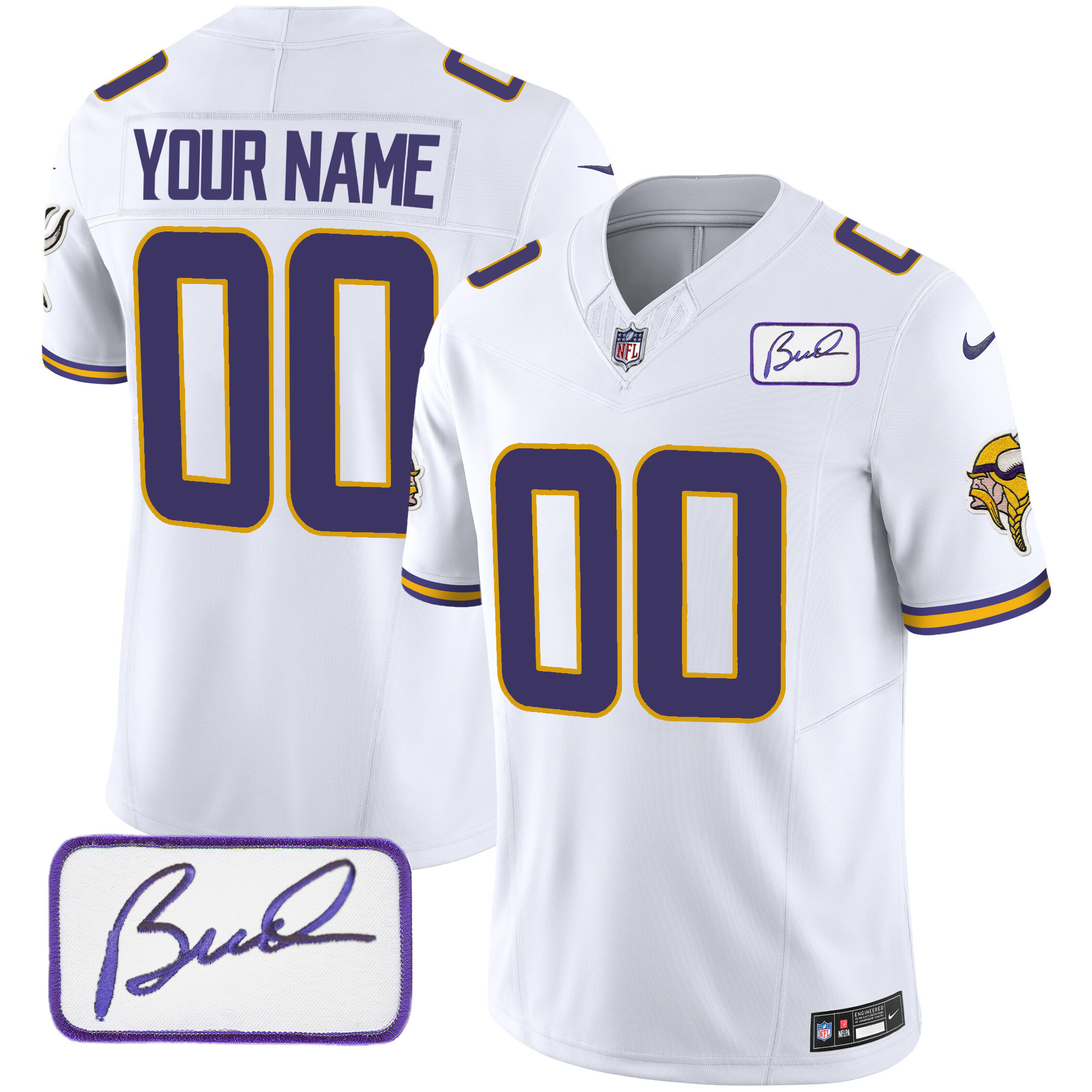 Minnesota Vikings Bud Grant Patch Classic Limited Custom V4 White Jersey - All Stitched