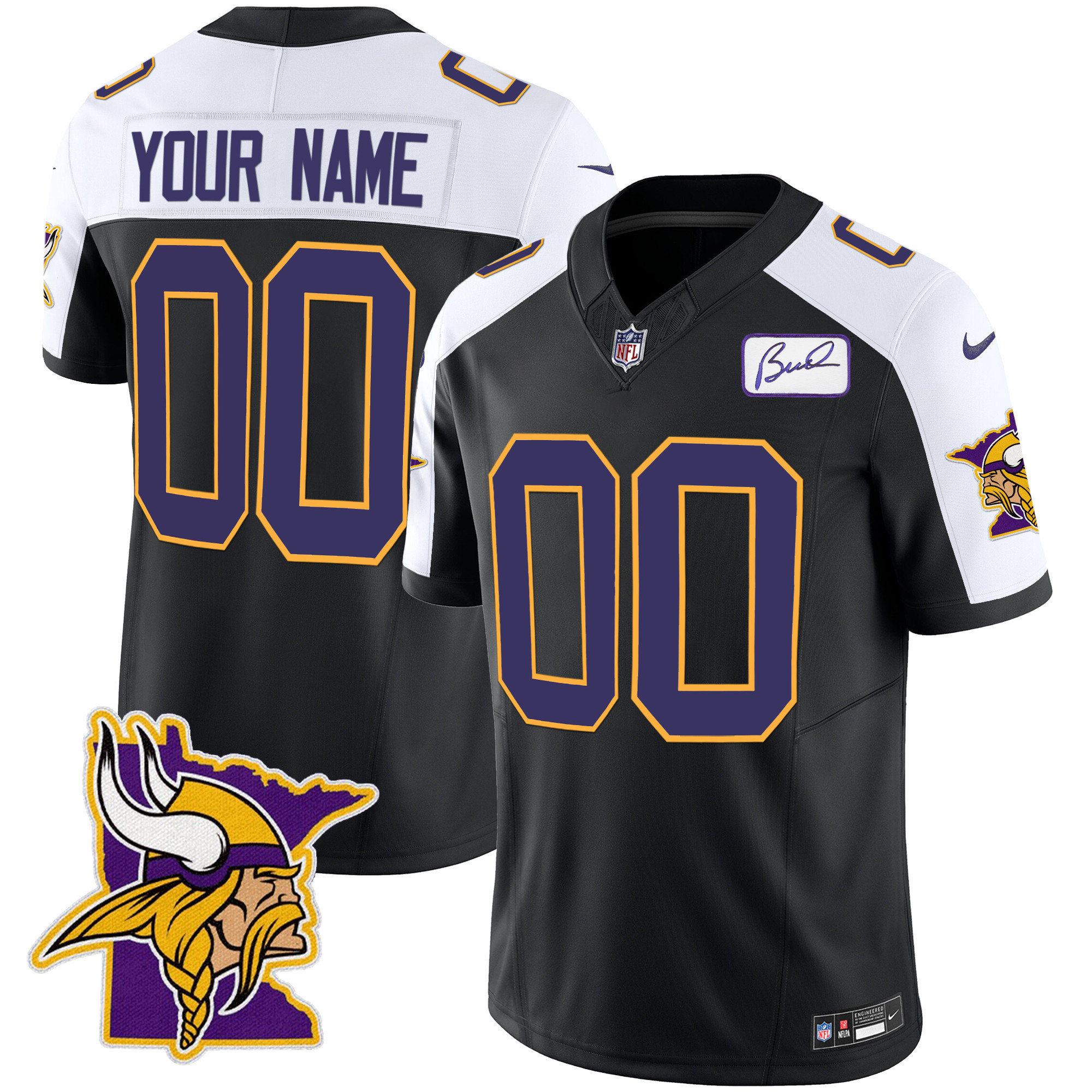 Minnesota Vikings Bud Grant Patch Classic Limited Custom V5 Black Alternate Jersey - All Stitched