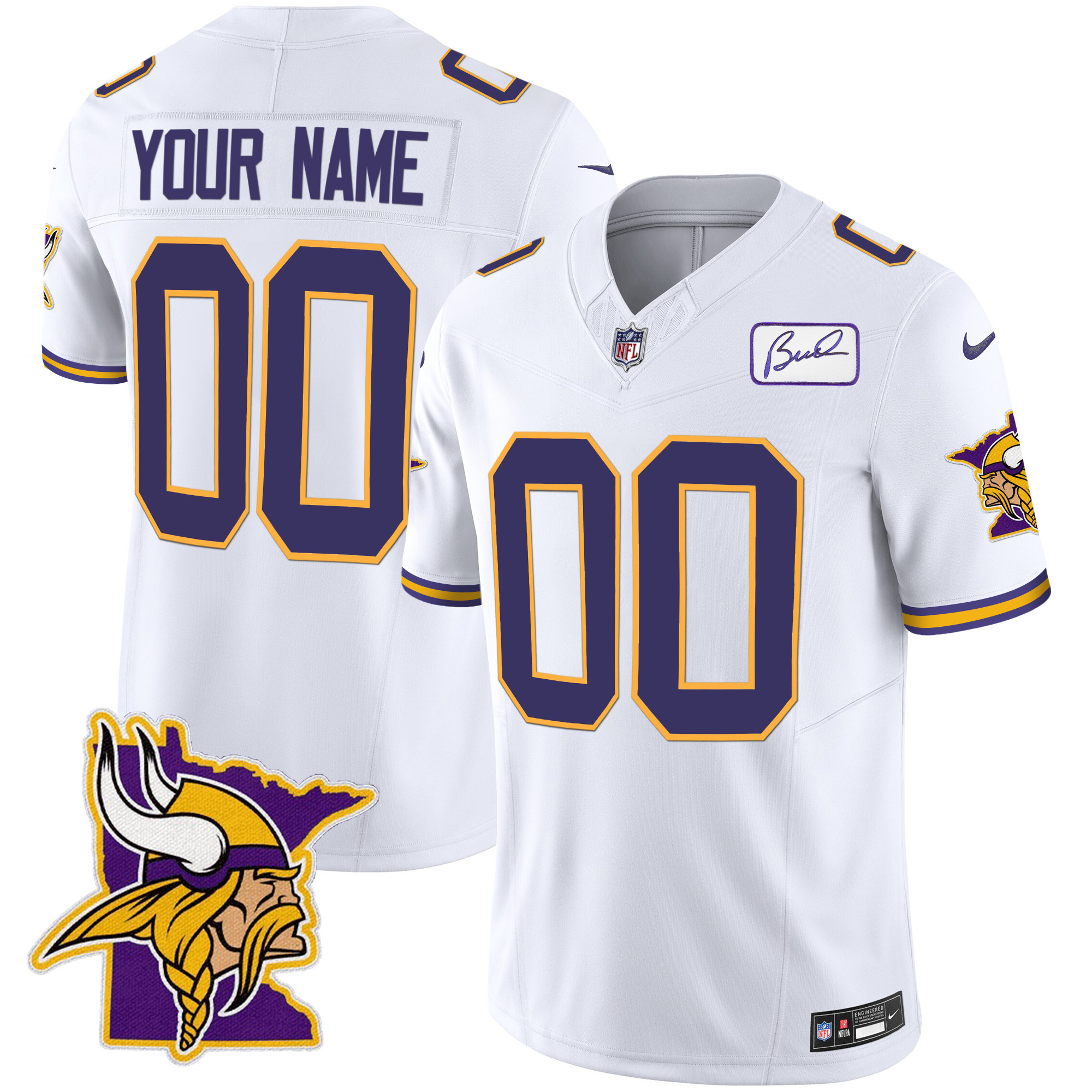 Minnesota Vikings Bud Grant Patch Classic Limited Custom V5 White Jersey - All Stitched