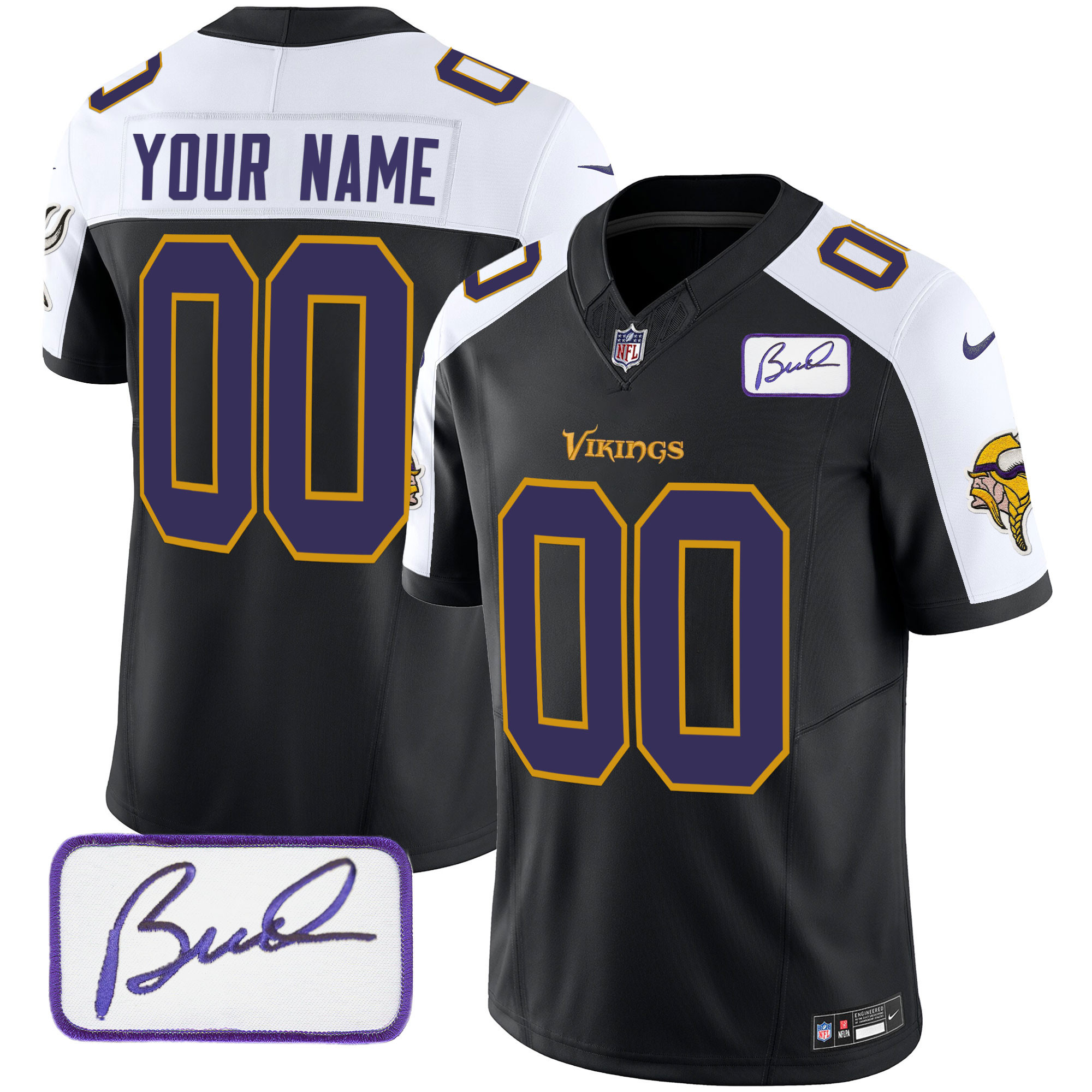 Minnesota Vikings Bud Grant Patch Classic Limited Custom V6 Black Alternate Jersey - All Stitched