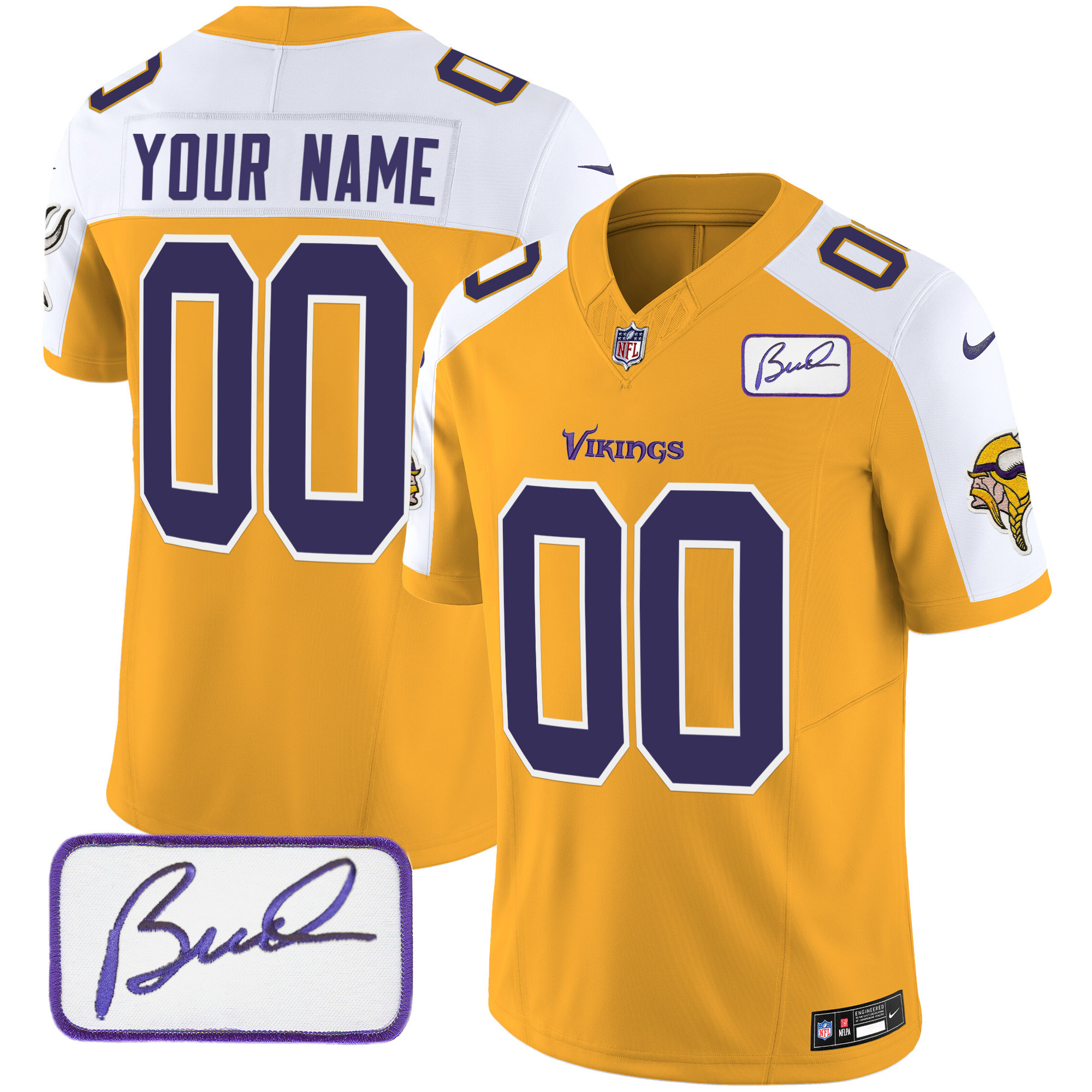 Minnesota Vikings Bud Grant Patch Classic Limited Custom V6 Gold Alternate Jersey - All Stitched