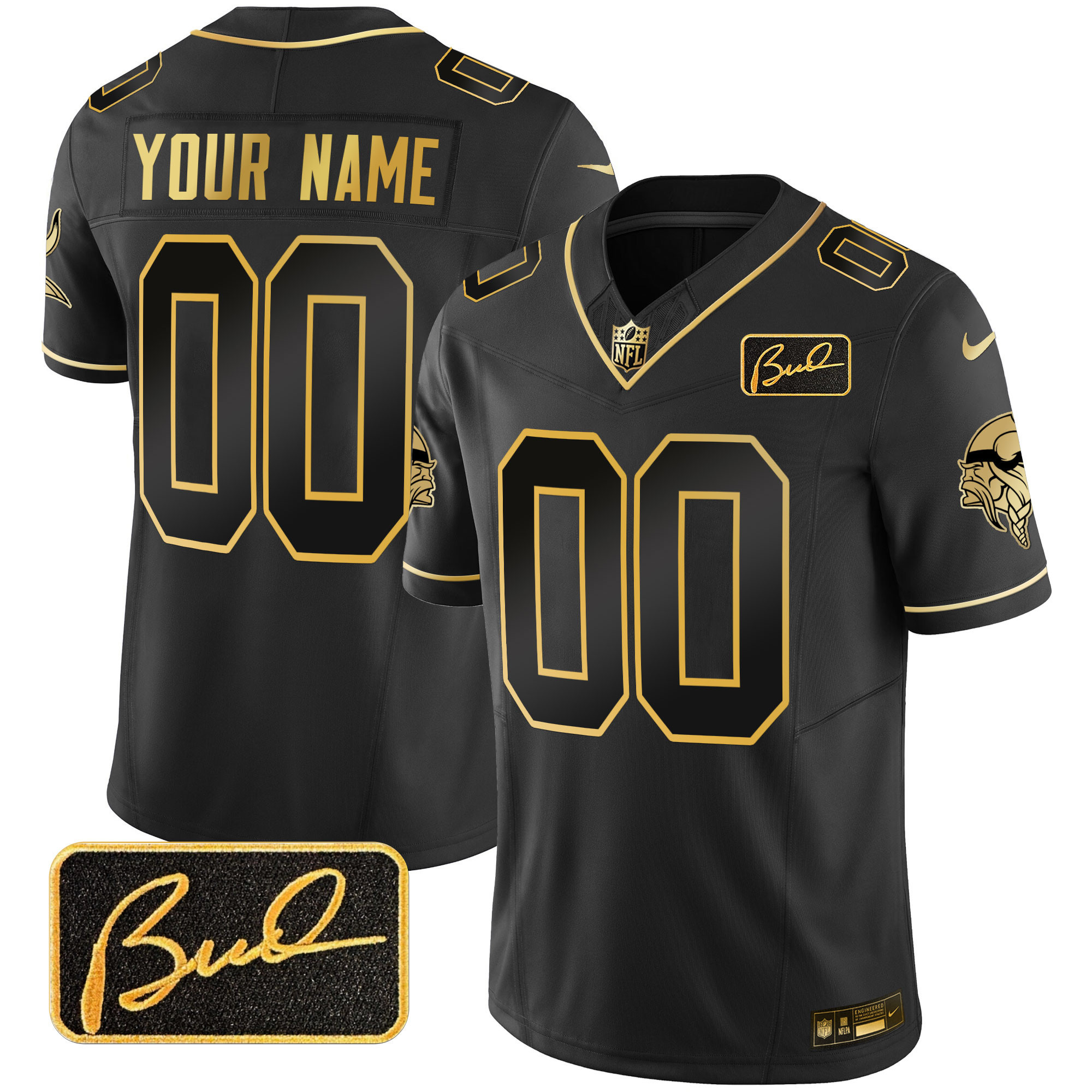 Minnesota Vikings Bud Grant Patch Gold Limited Custom V2 Black Gold Jersey - All Stitched