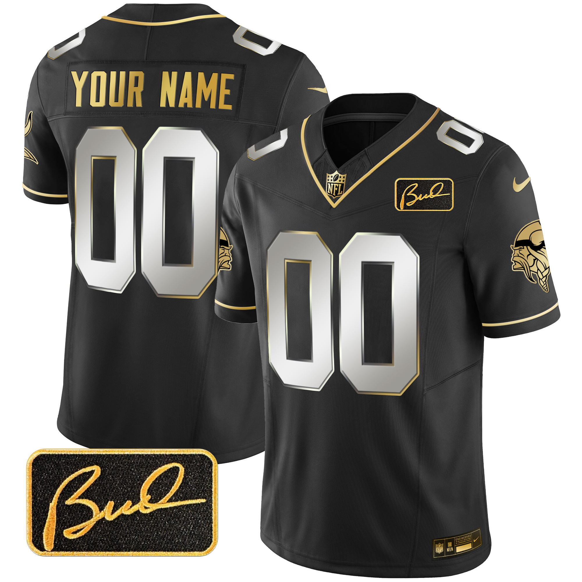 Minnesota Vikings Bud Grant Patch Gold Limited Custom V2 Black Limited Jersey - All Stitched