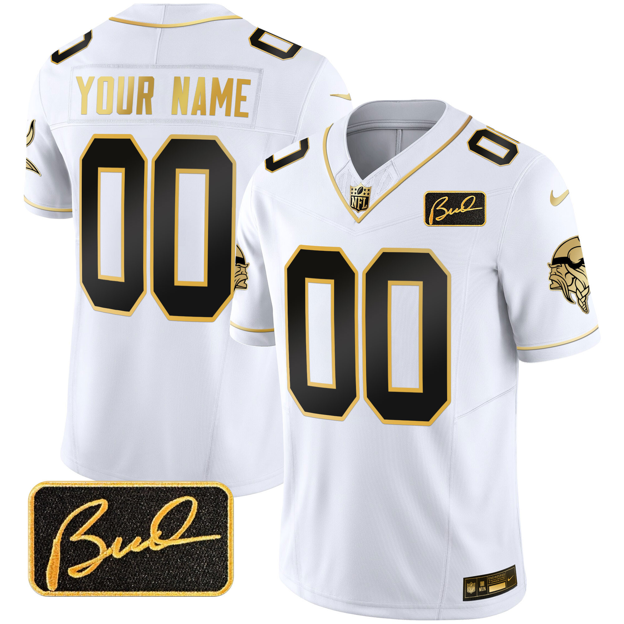 Minnesota Vikings Bud Grant Patch Gold Limited Custom V2 White Gold Jersey - All Stitched